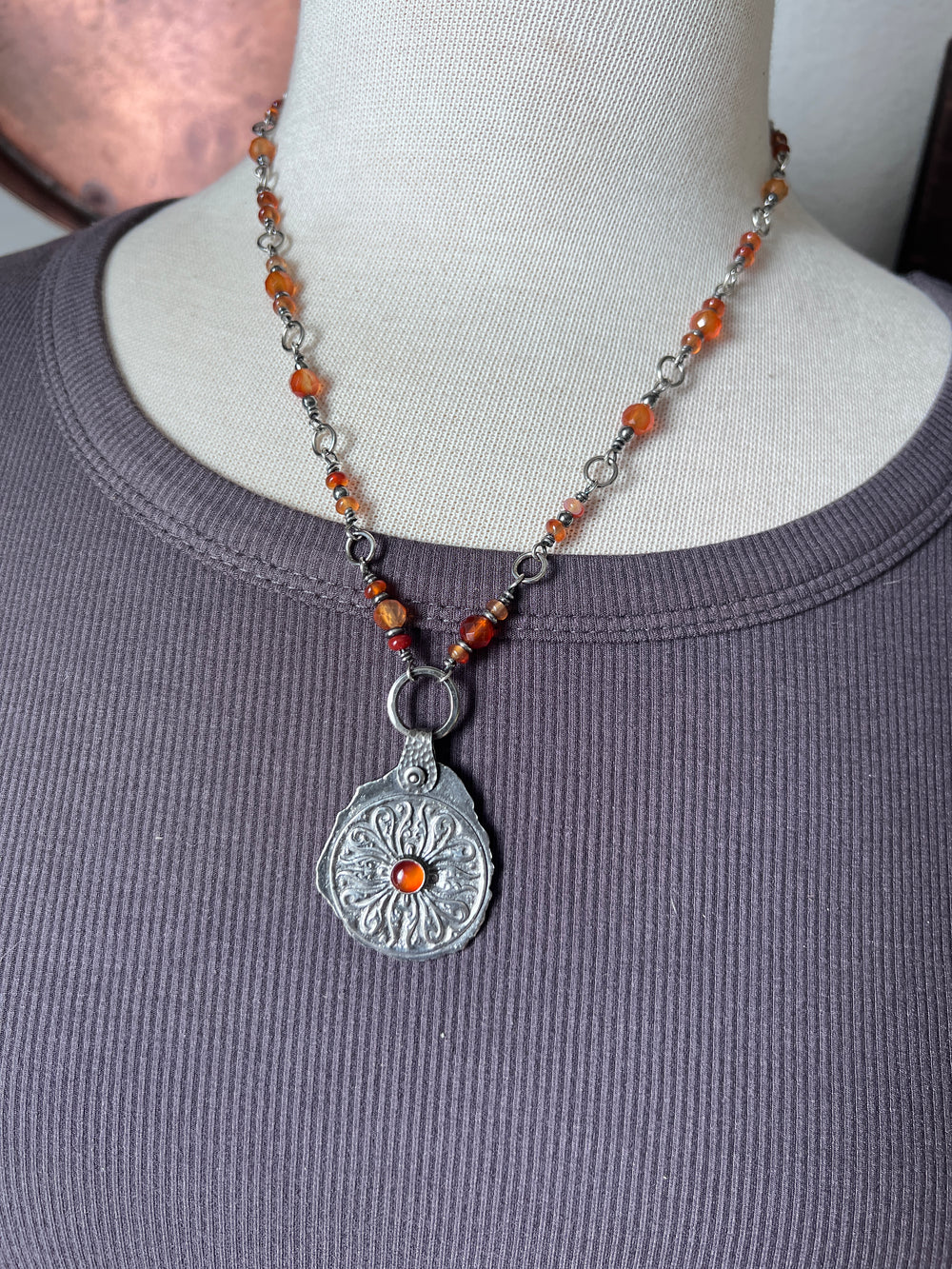 Tularosa Rosary Style Sterling Silver and Carnelian Relic Coin Necklace