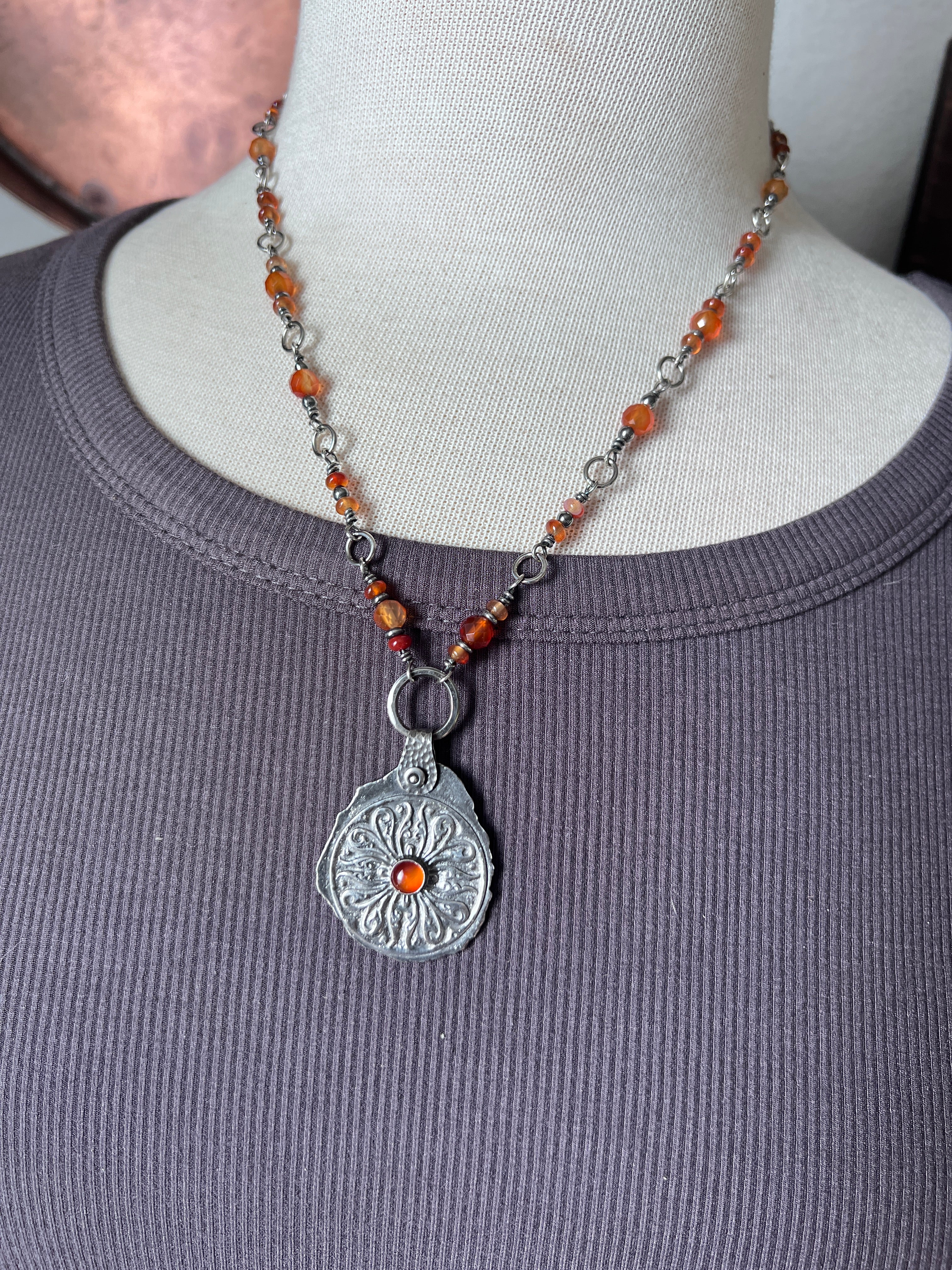 Tularosa Rosary Style Sterling Silver and Carnelian Relic Coin Necklace