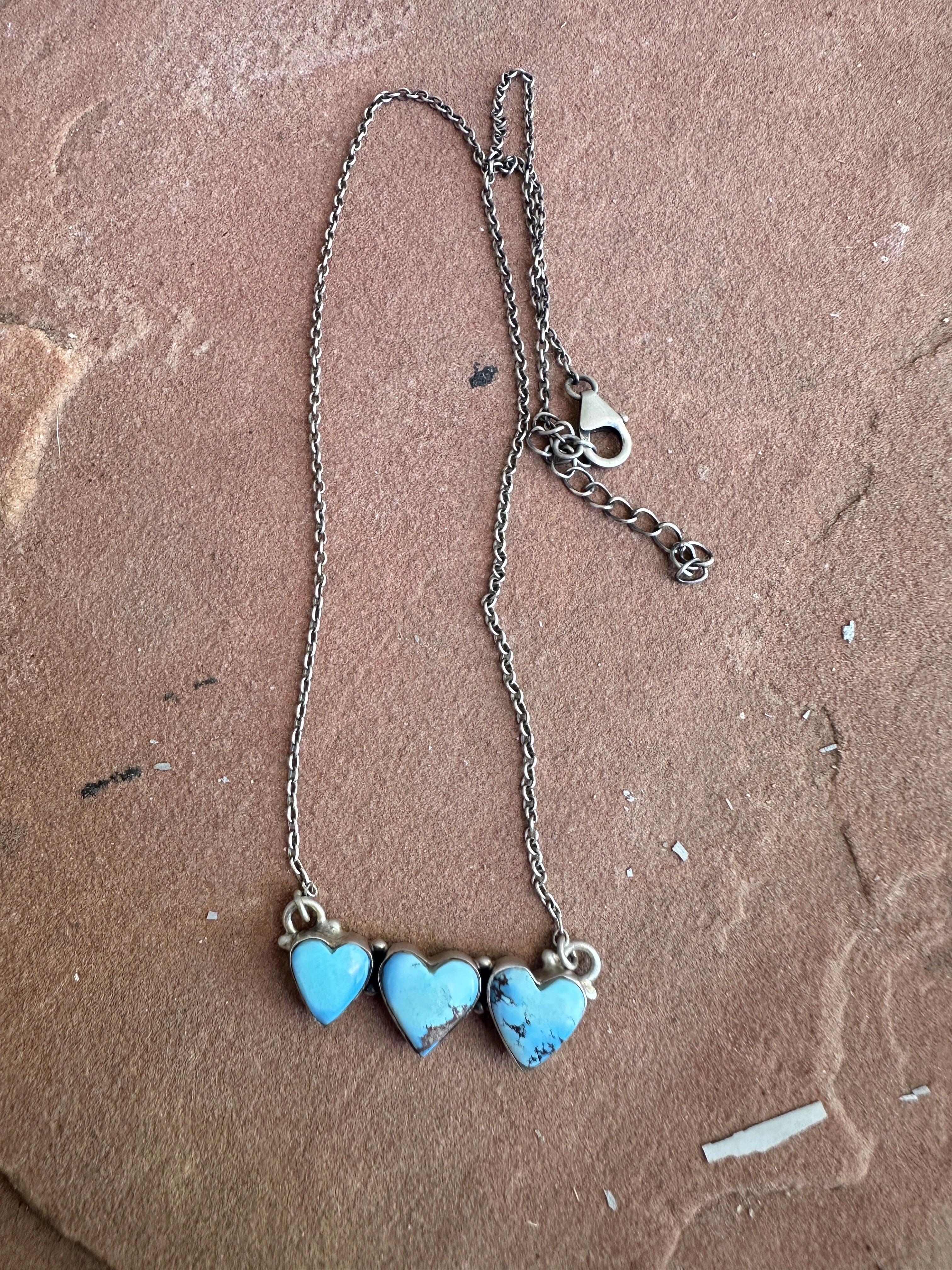 Handmade Sterling Silver and Golden Hills Turquoise 3 Stone Heart Necklace Signed Nizhoni