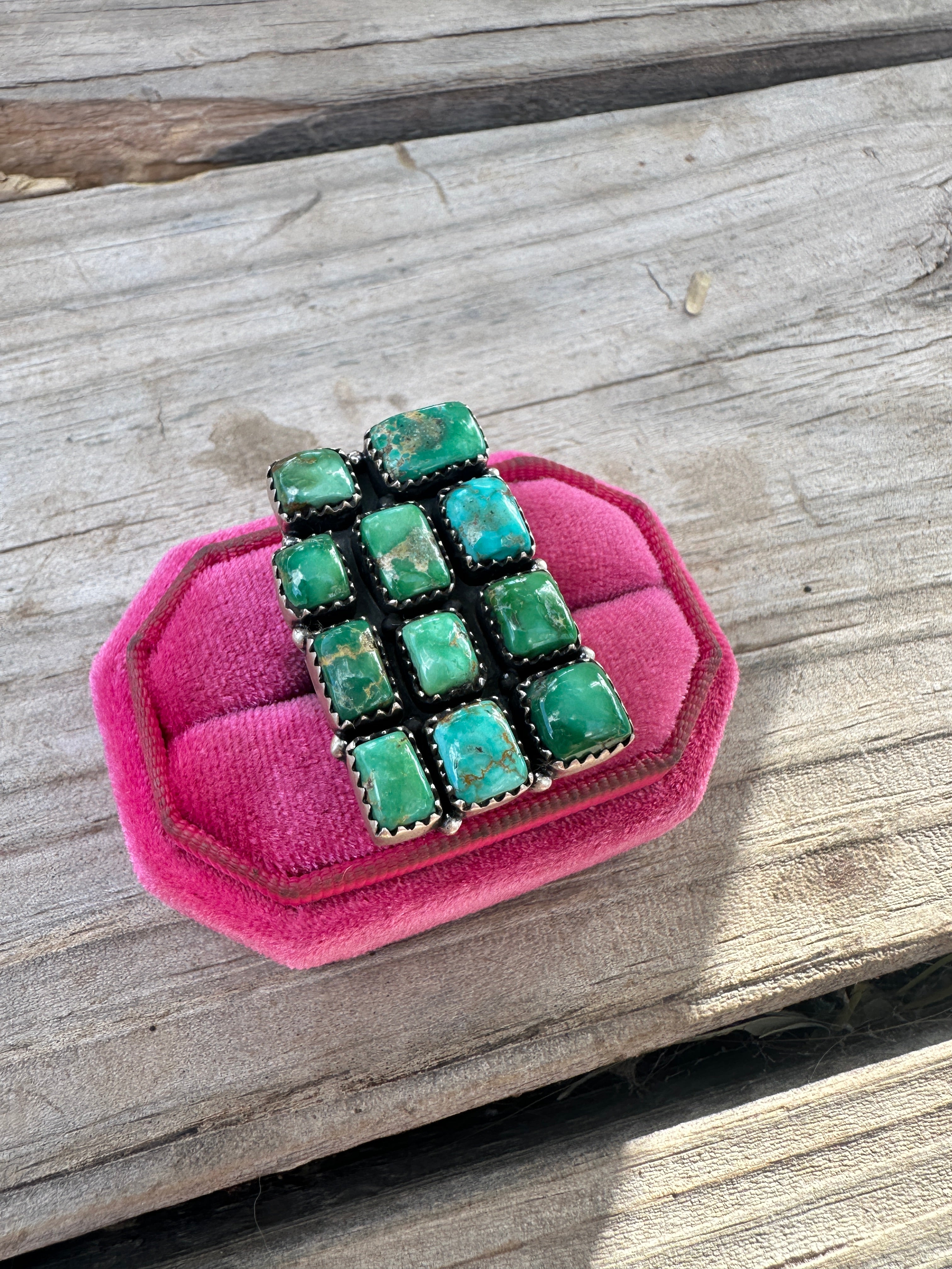 Handmade Emerald Valley Turquoise & Sterling Silver Adjustable Rectangle Cluster Ring