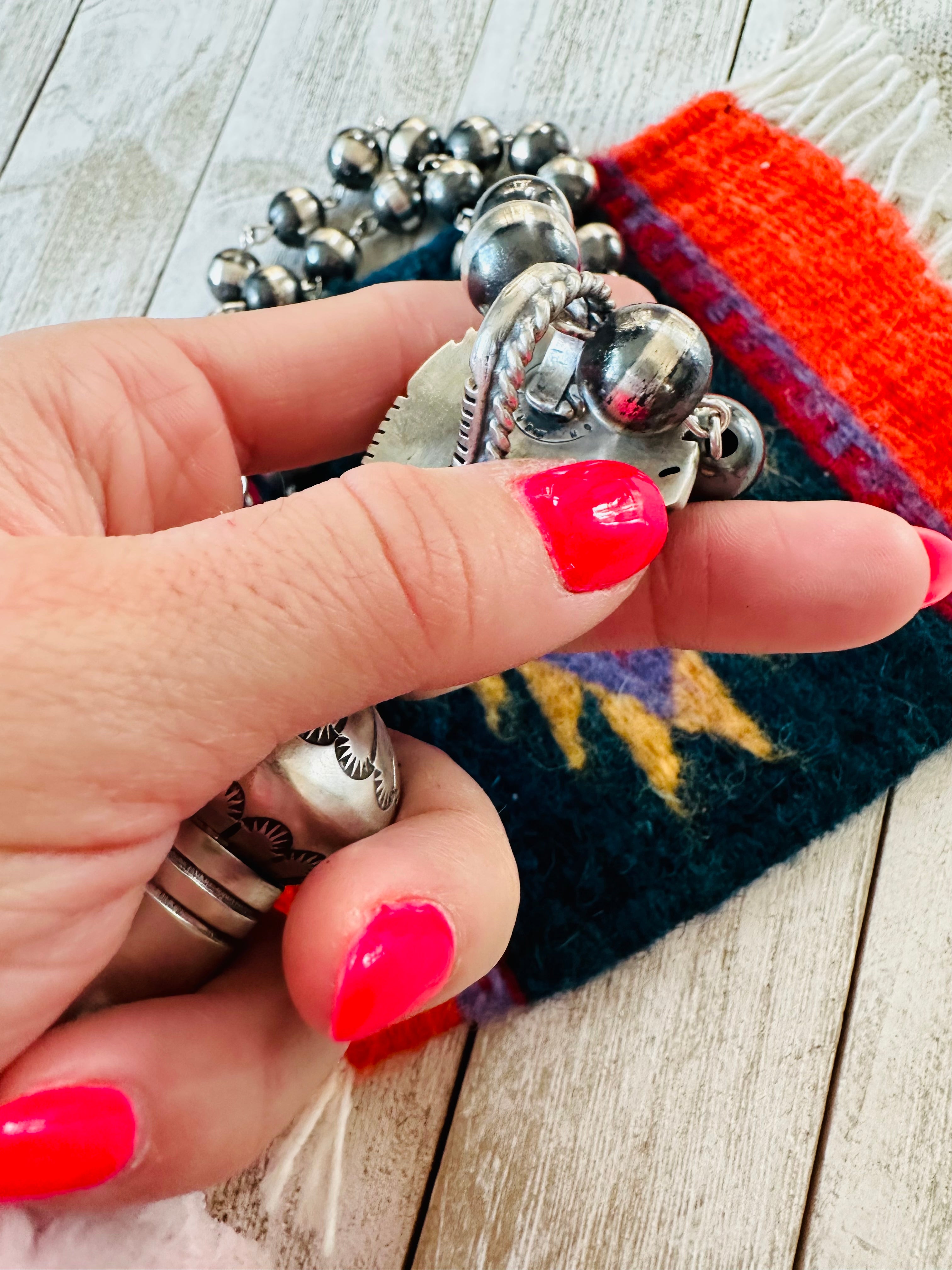 Navajo Sterling Silver, Turquoise & Coral Blossom Beaded Necklace