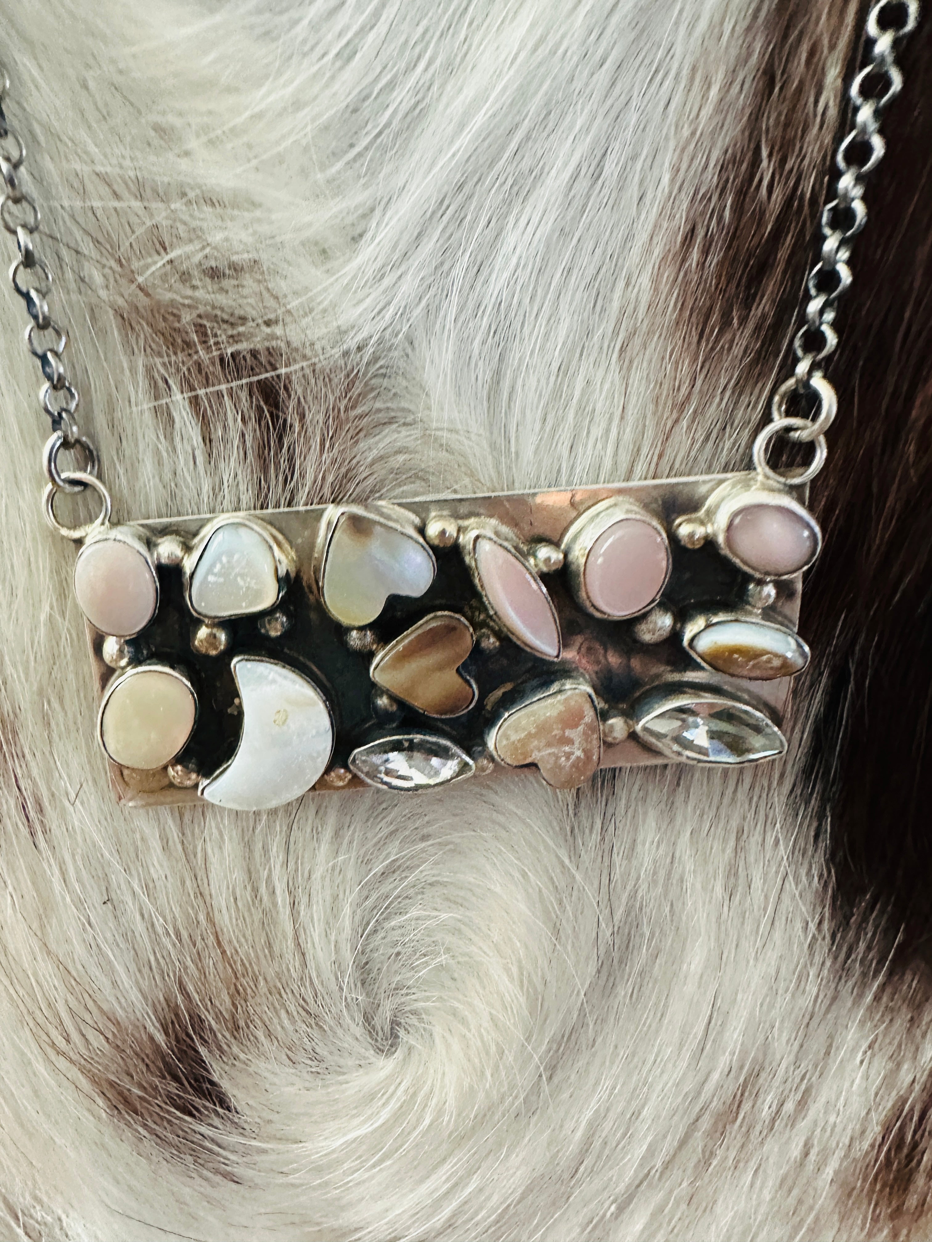 Handcrafted Mother of Pearl, CZ & Sterling Silver Bar Necklace by Jacqueline Silver