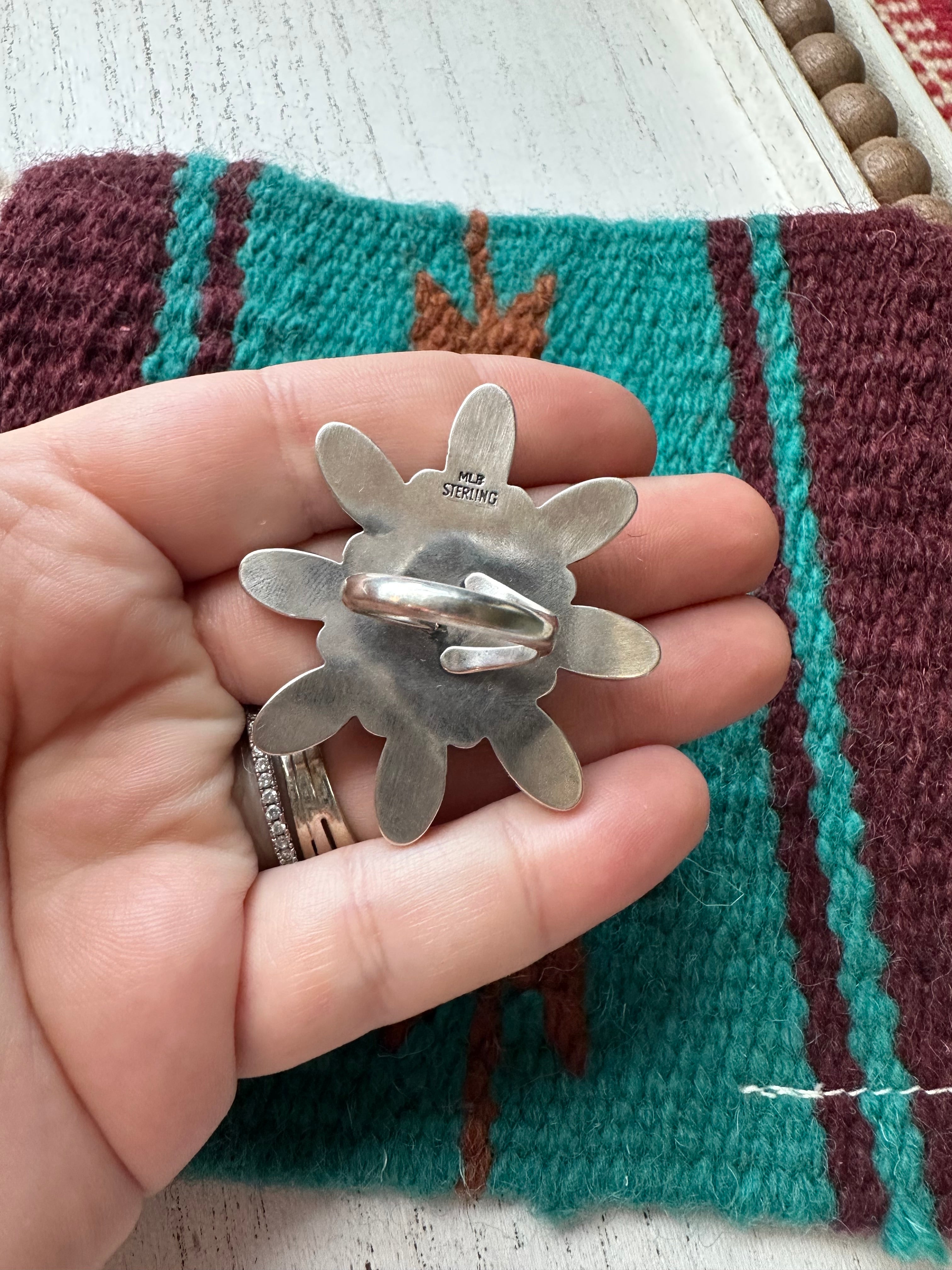 “Pink Blossom” Gorgeous Navajo Turquoise, Pink Conch And Sterling Silver Adjustable Flower Ring Signed