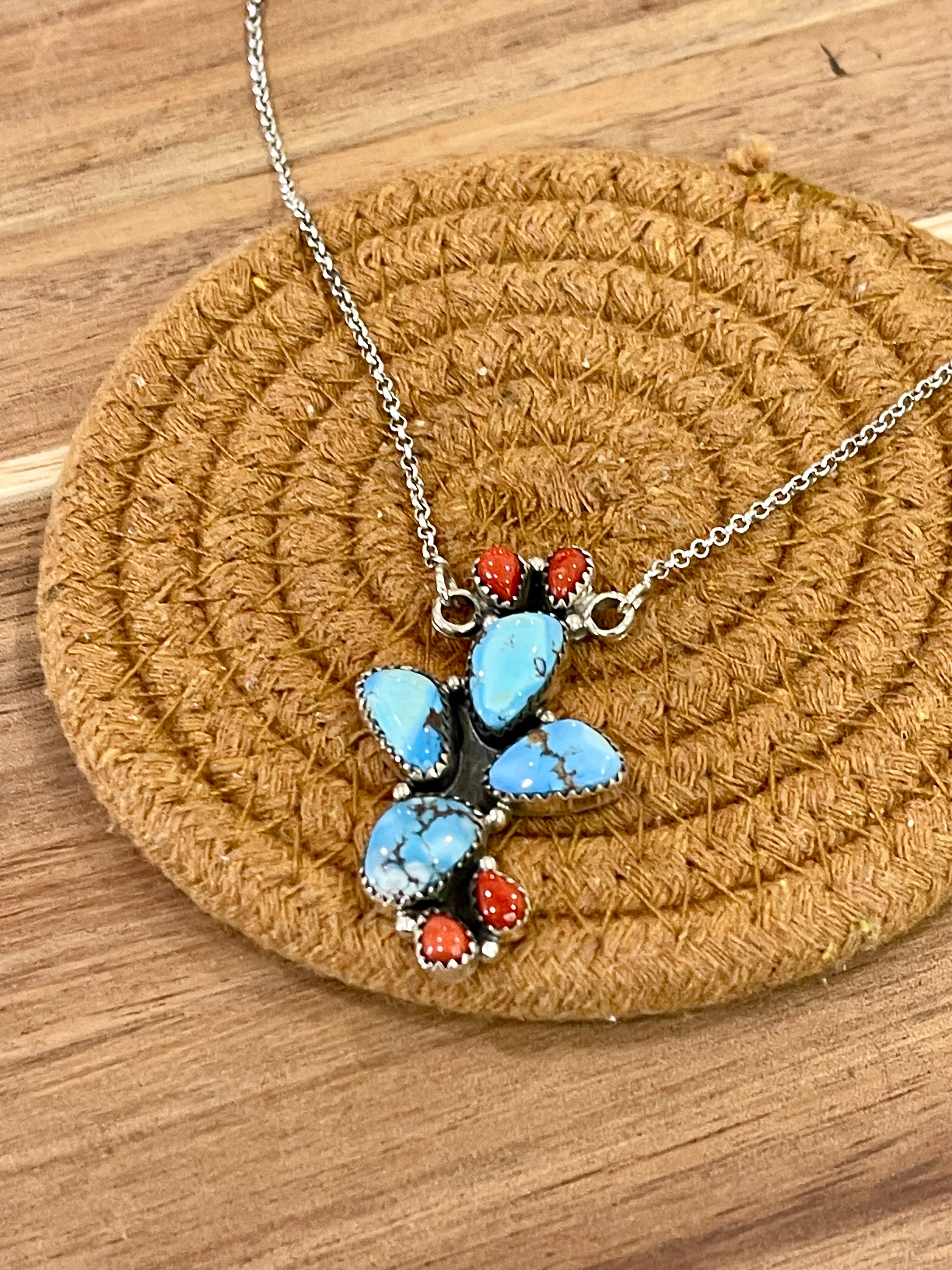 Handmade Sterling Silver, Golden Hills Turquoise & Coral Necklace Signed Nizhoni