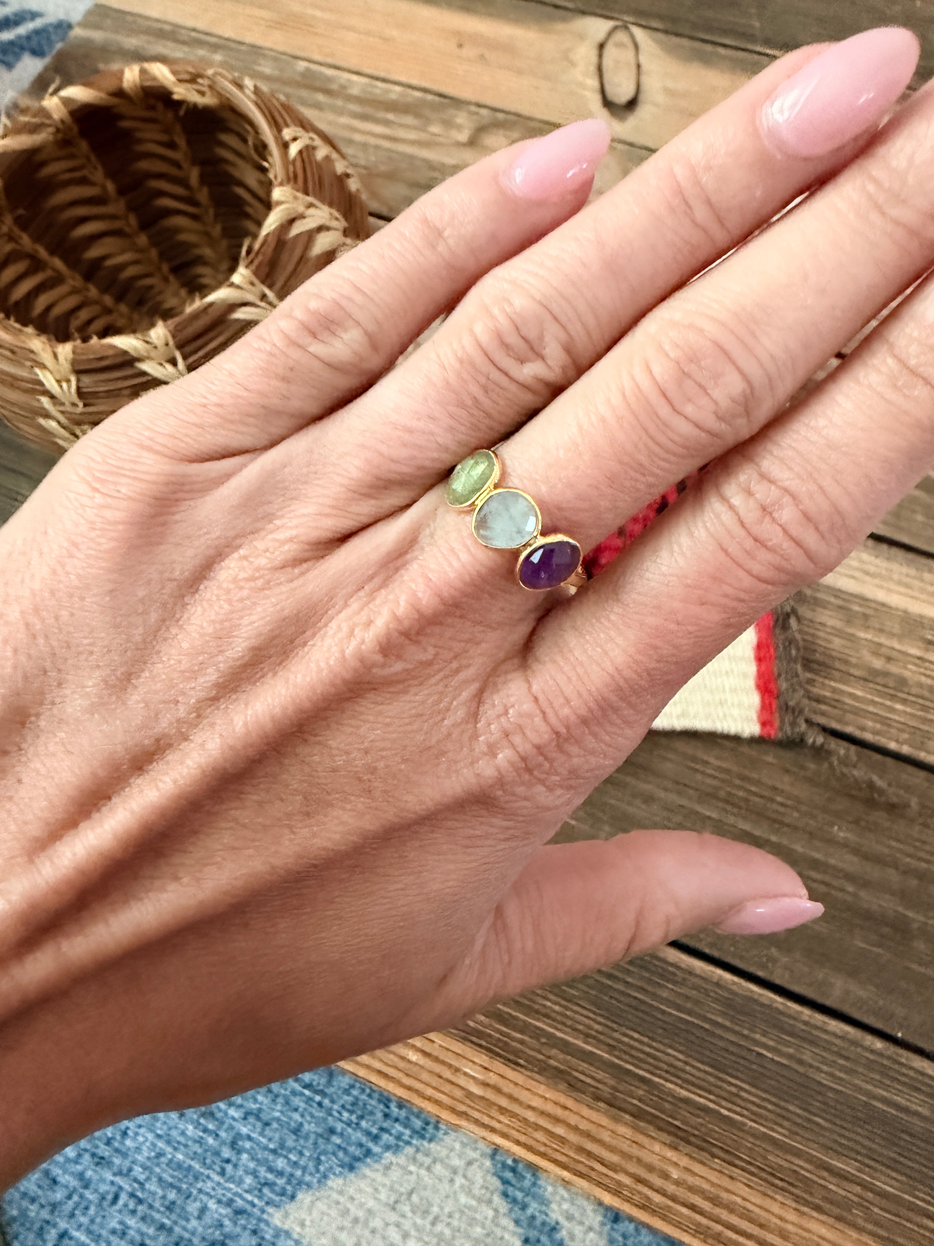 Handmade 18K Gold Vermeil Sterling Silver & Multi Stone Ring Size 7