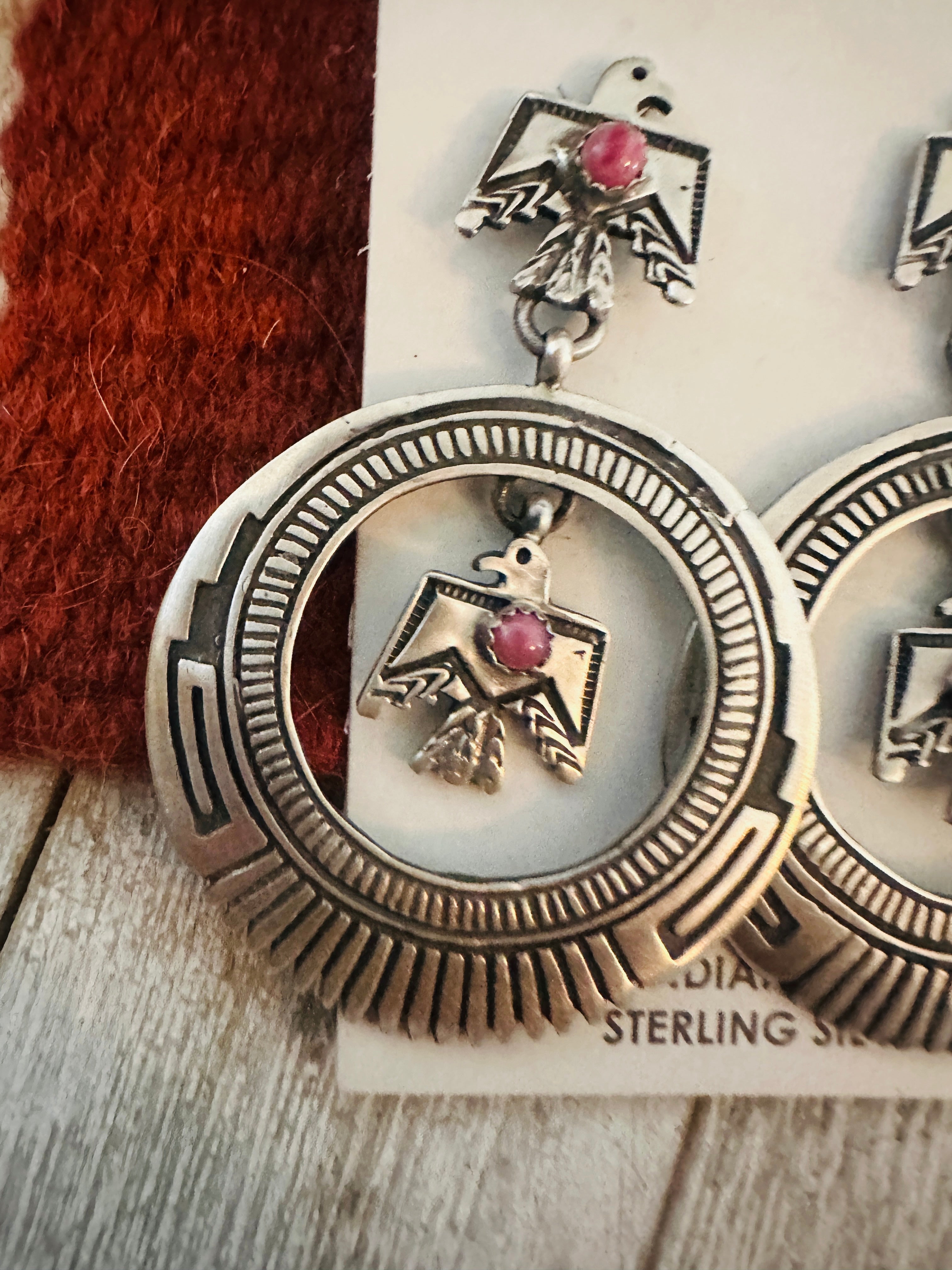 Navajo Sterling Silver & Rhodochrosite Thunderbird Dangle Earrings