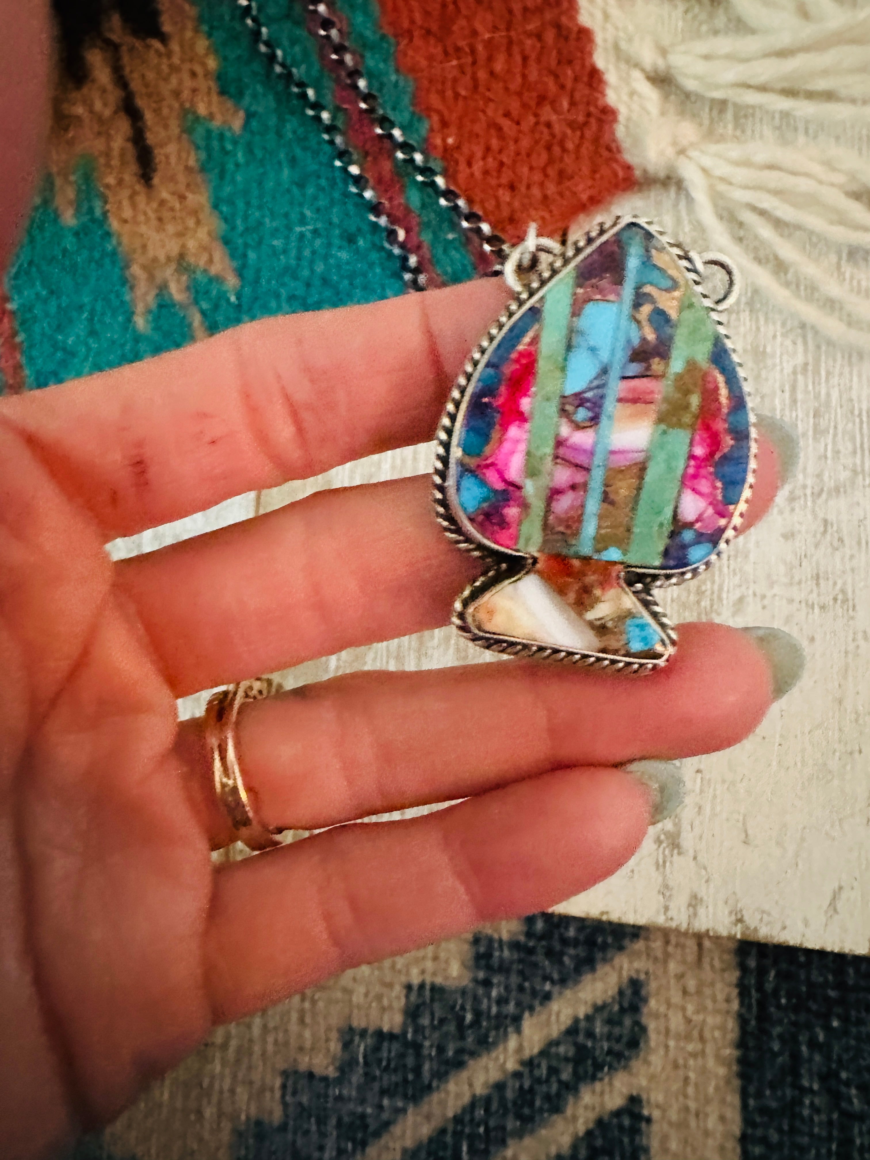 Navajo Sterling Silver & Multi Stone Inlay Spade Necklace