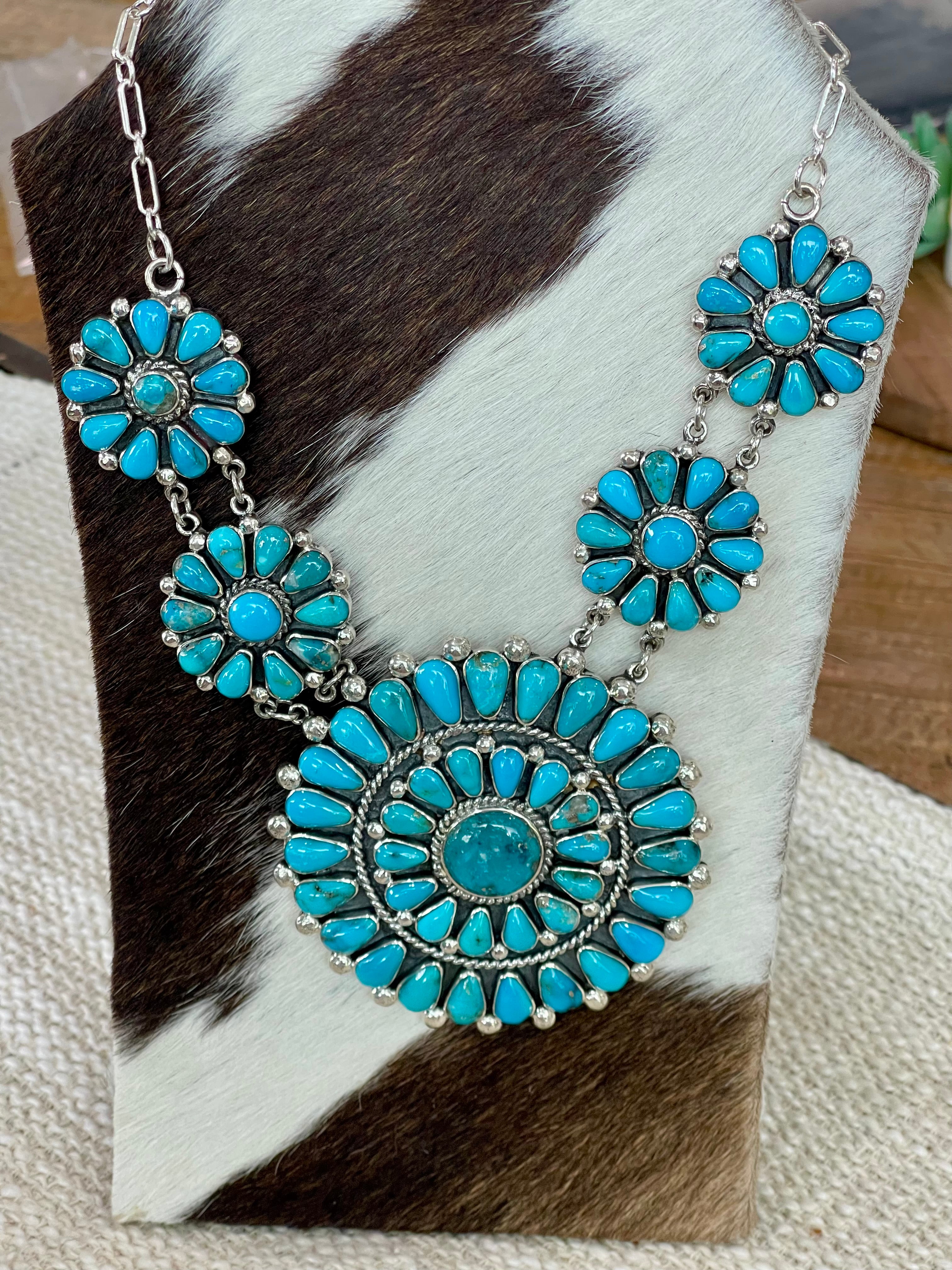 Gorgeous Handmade Turquoise & Sterling Silver Cluster Necklace