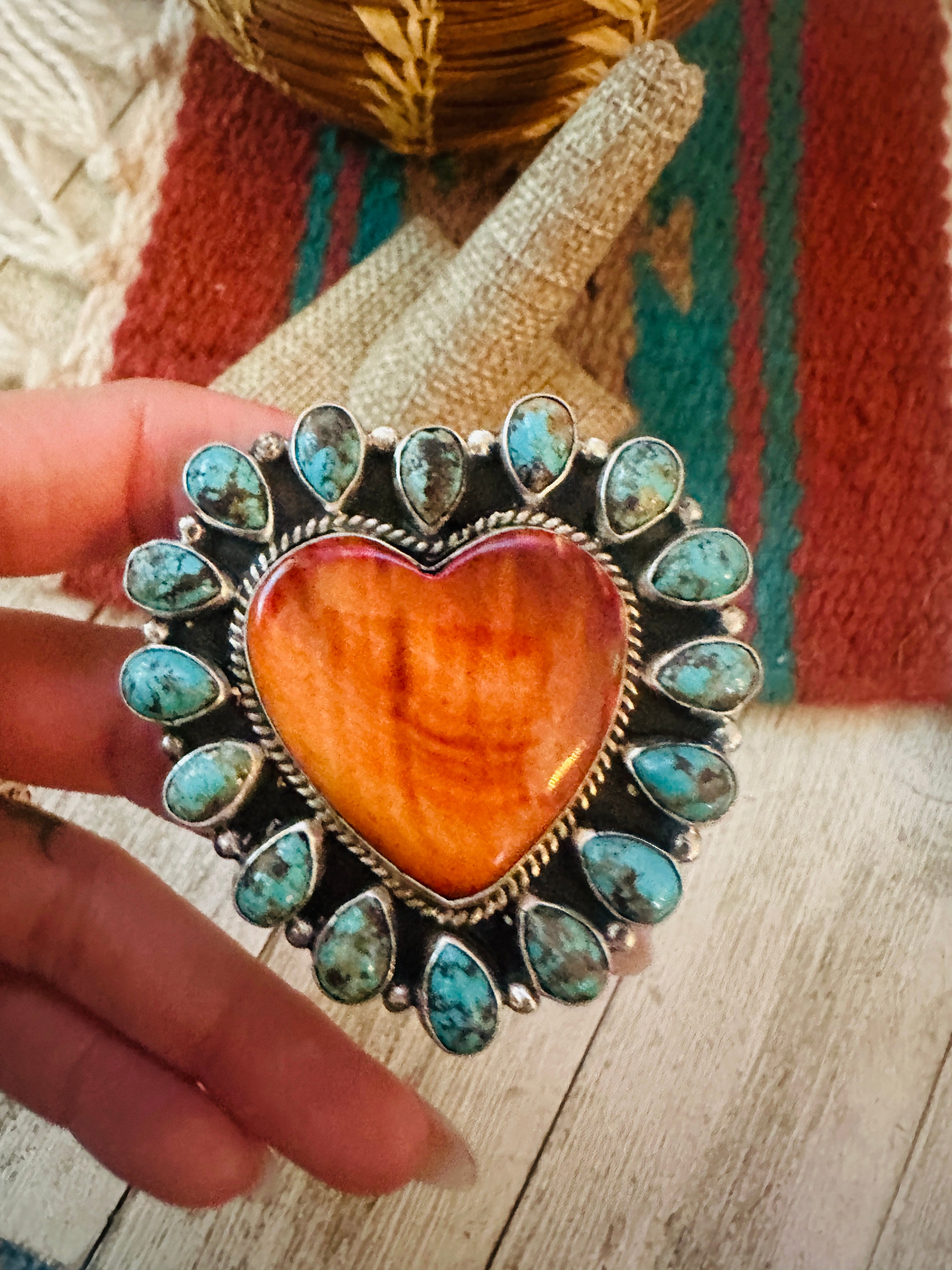 Handcrafted Sterling Silver Spiny & Turquoise Cluster Adjustable Heart Ring