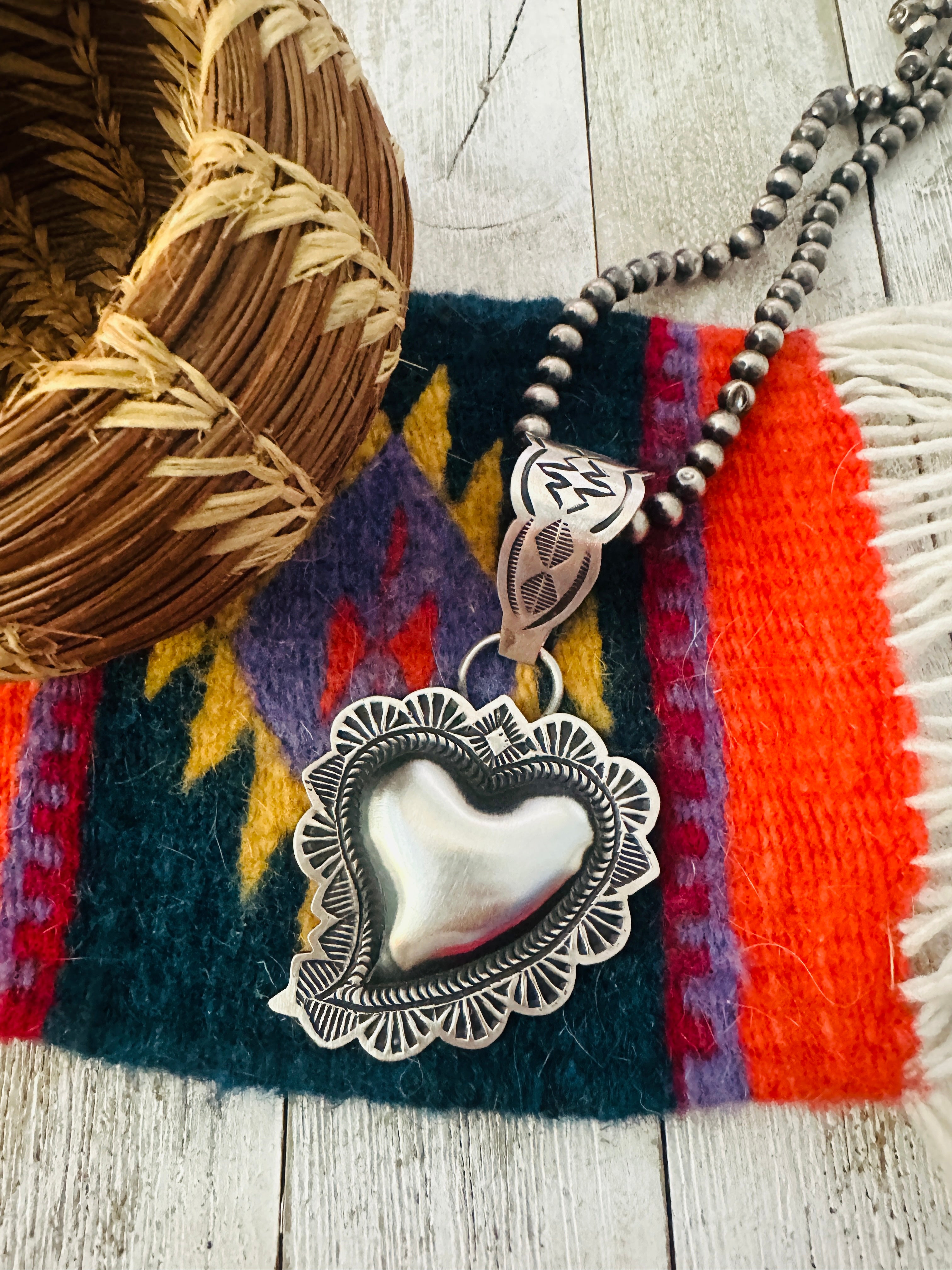 Handcrafted Sterling Silver Heart Concho Pendant by Leander Tahe