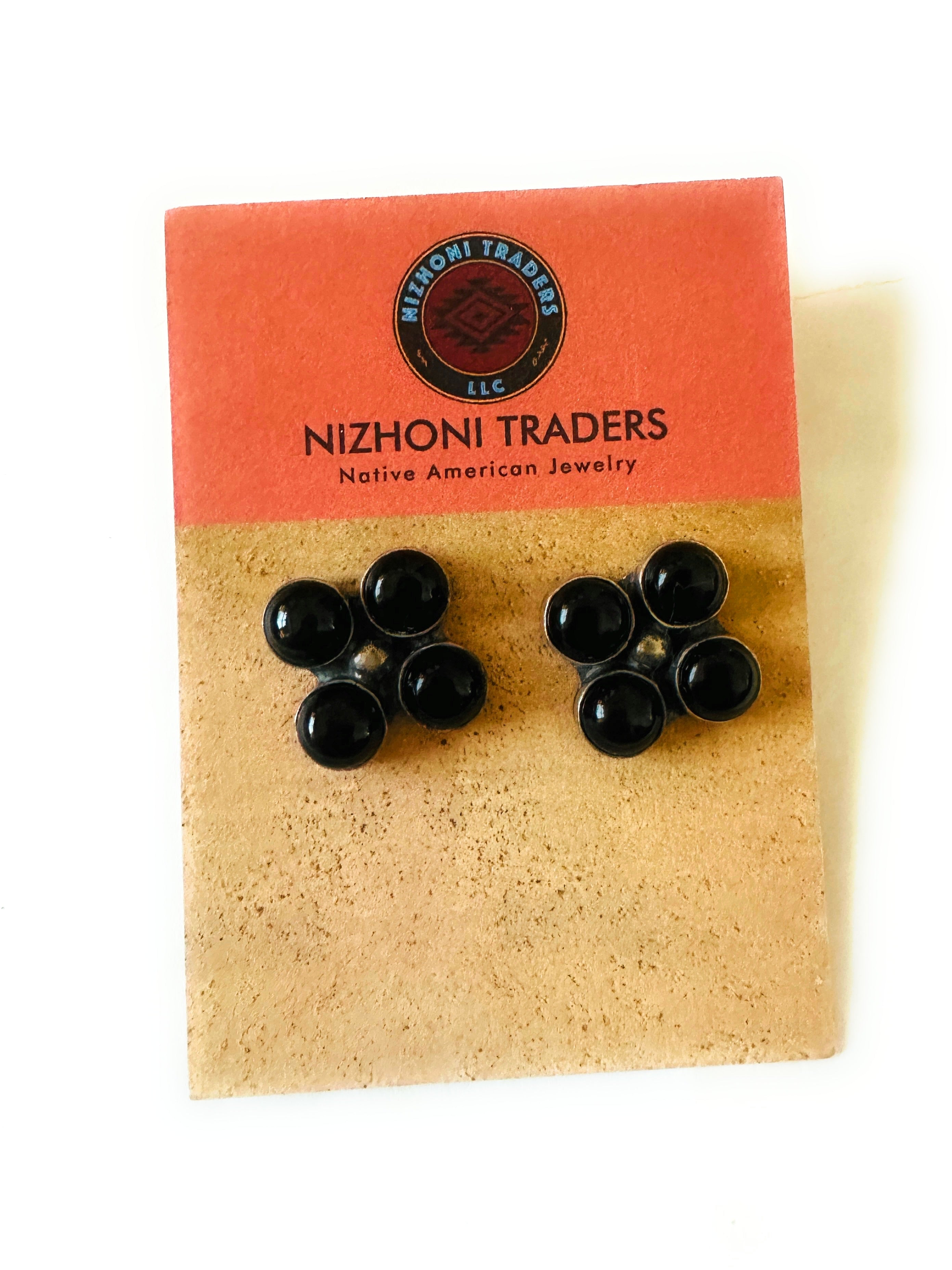 Navajo Onyx & Sterling Silver Cluster Post Earrings