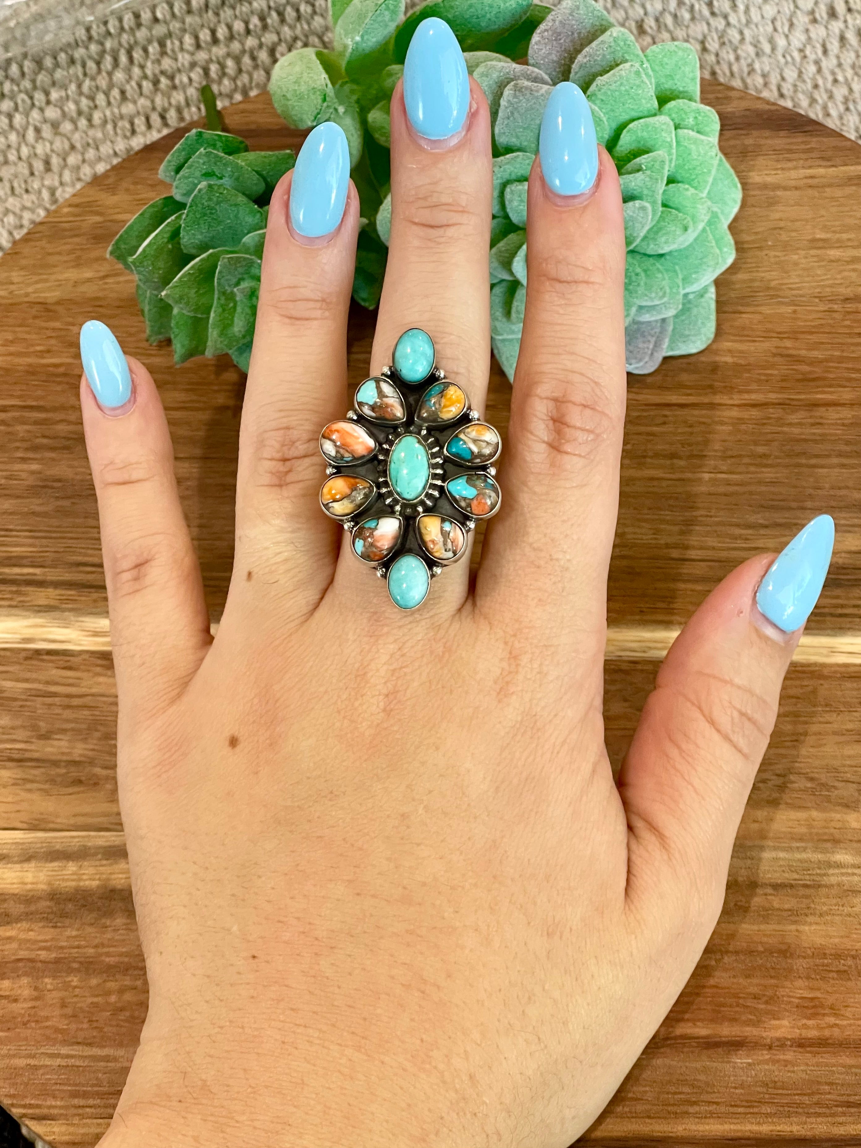 Beautiful Handmade Turquoise, Spice And Sterling Silver Adjustable Ring