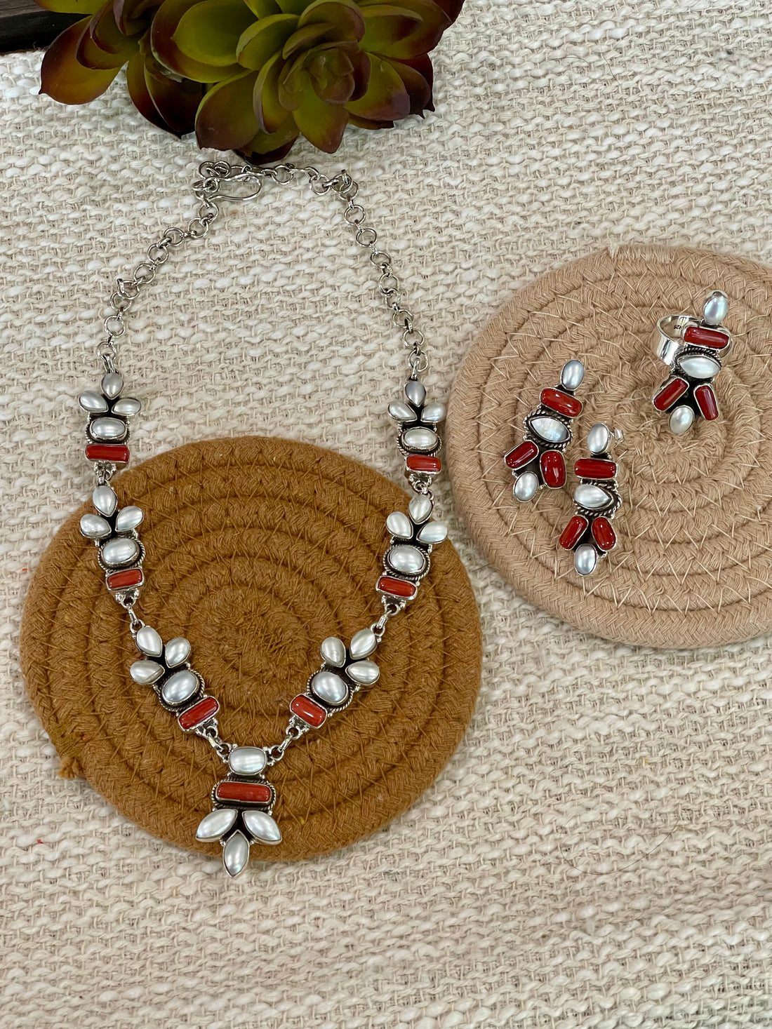 ** 4TH OF JULY ** Handmade Sterling , Silver Synthetic Opal & Coral Necklace, Earring & Ring Set with Signed Nizhoni