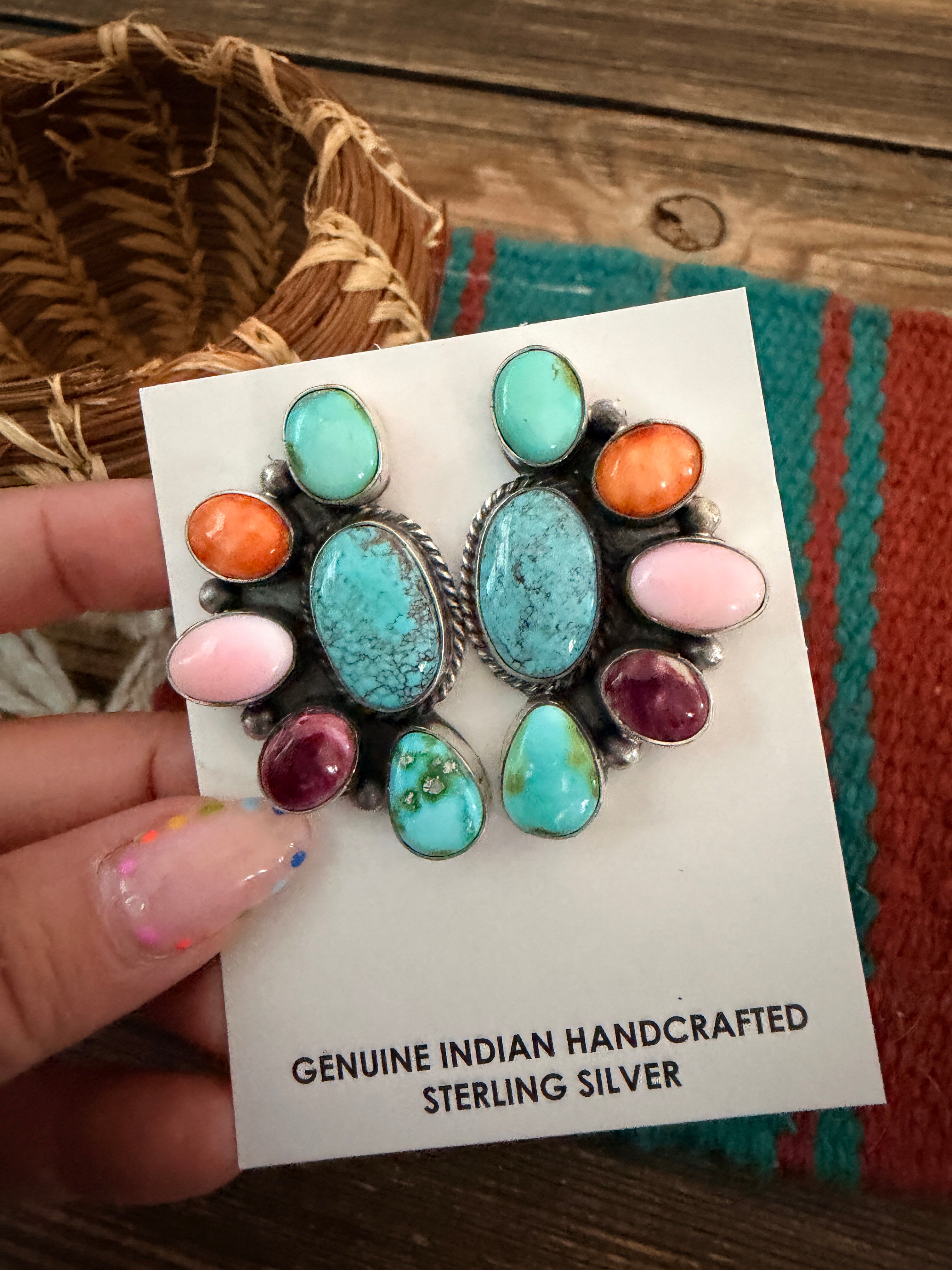 Handcrafted Turquoise, Spiny Oyster, Queen Pink Conch & Sterling Silver Post Earrings by Hiram Largo