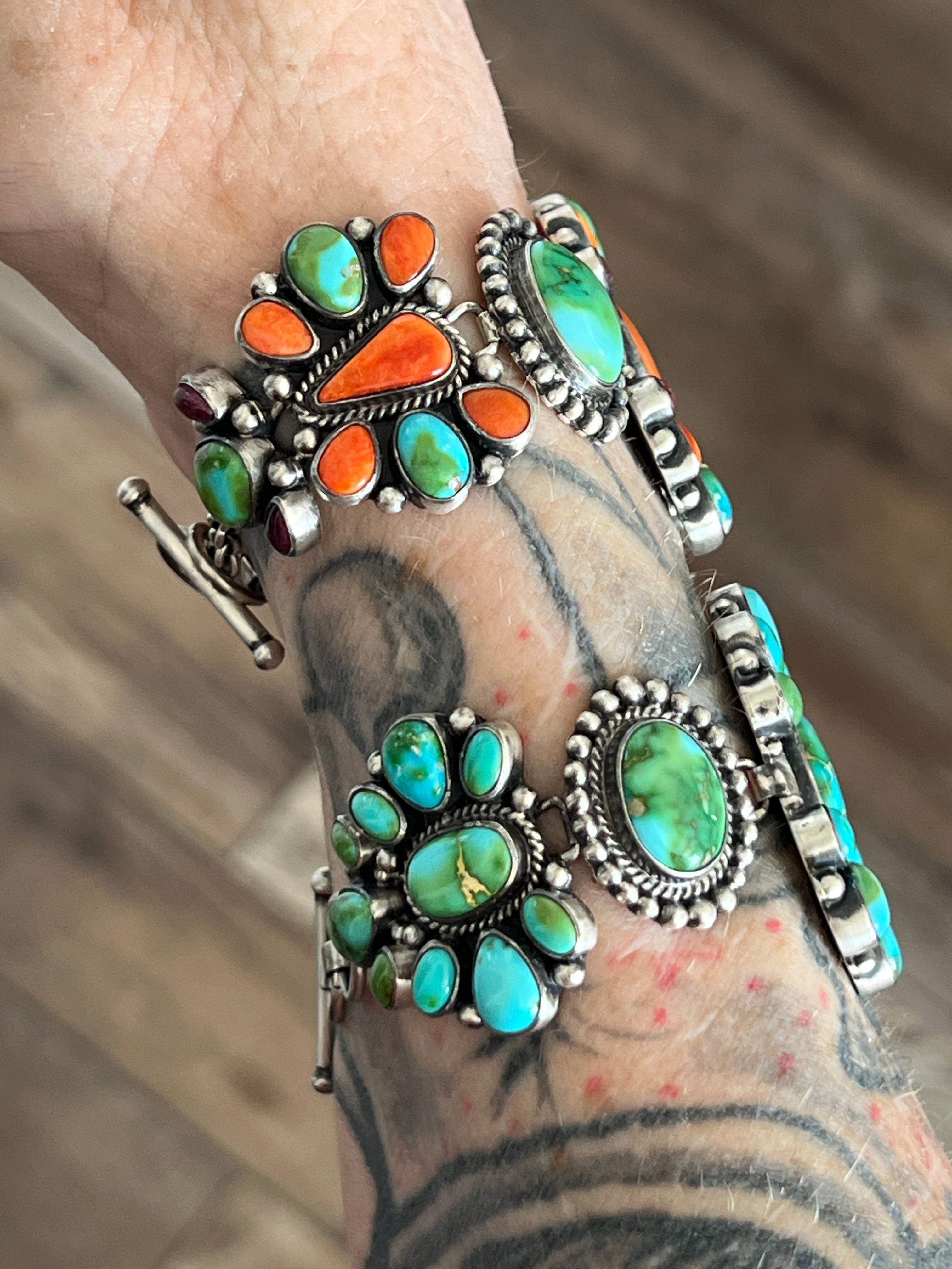 Stunning Sterling Silver, Sonoran Mountain Turquoise and Spiny Oyster Shell Cluster Link Bracelets by Diane Wylie