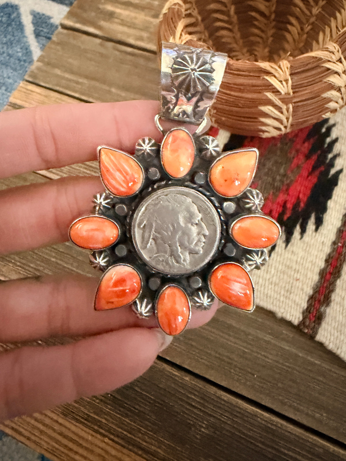 Handcrafted Sterling Silver & Spiny Oyster Buffalo Nickel Pendant