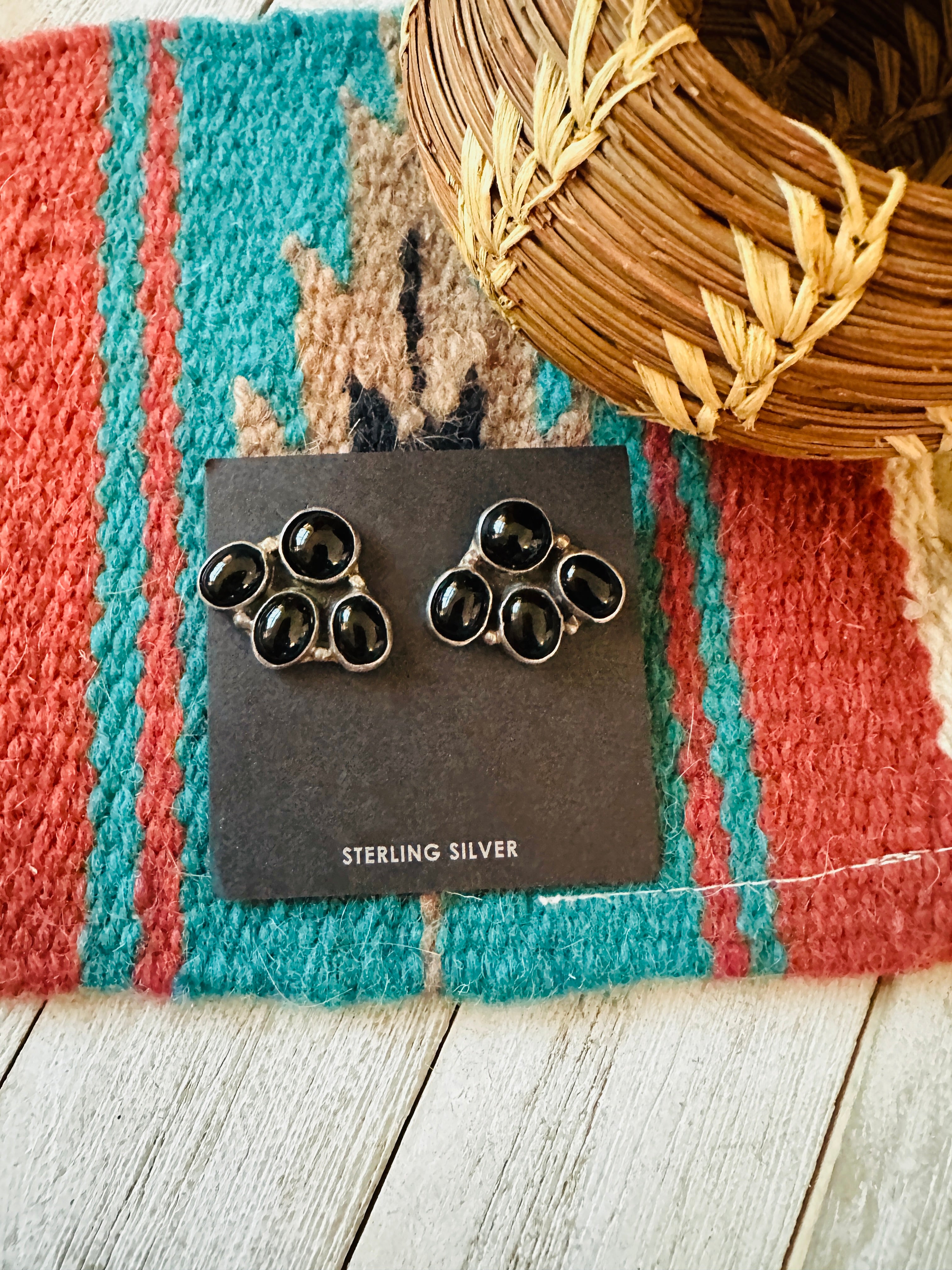 Navajo Onyx & Sterling Silver Cluster Post Earrings