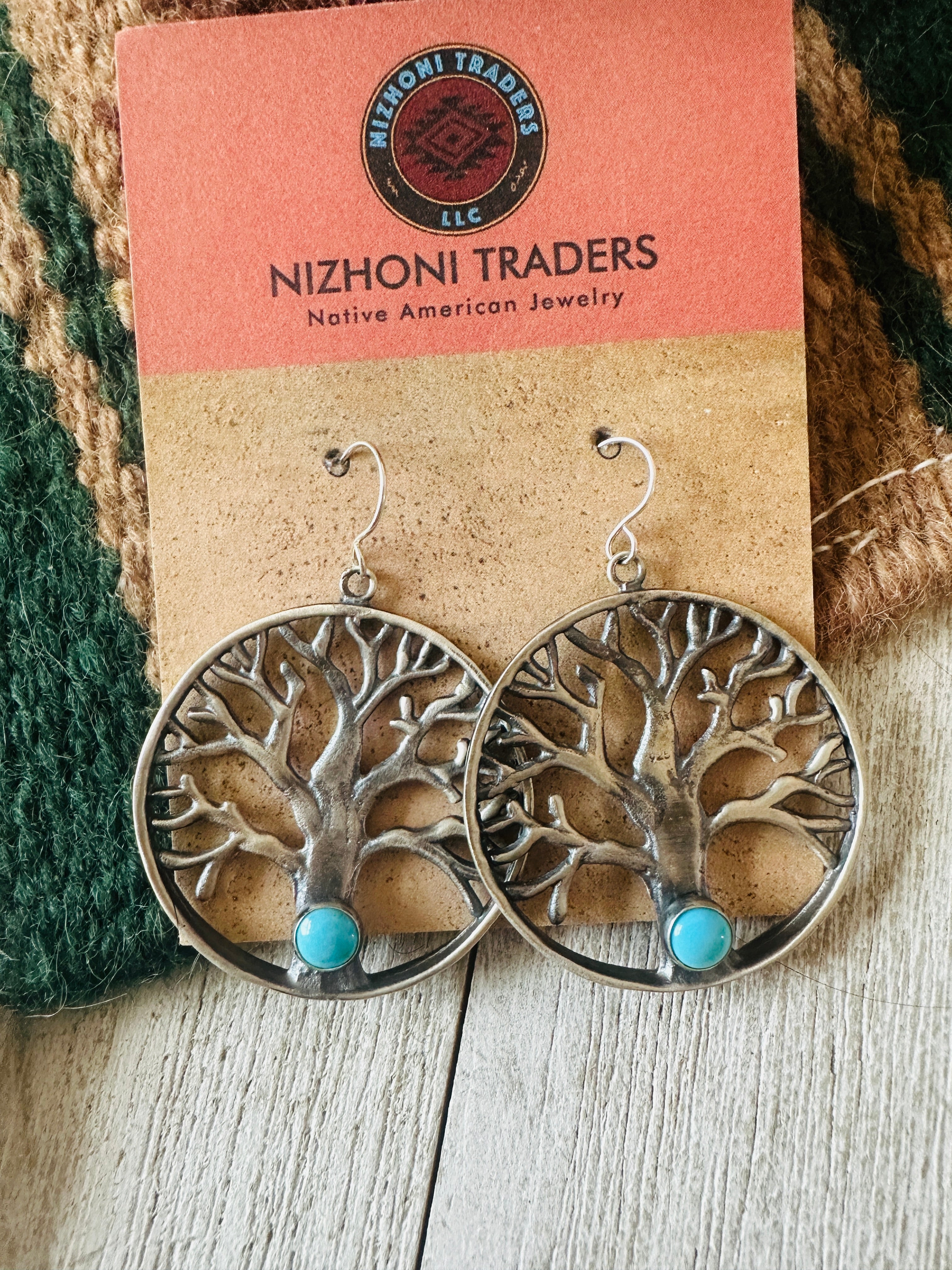 Navajo Sterling Silver & Turquoise Tree of Life Dangle Earrings