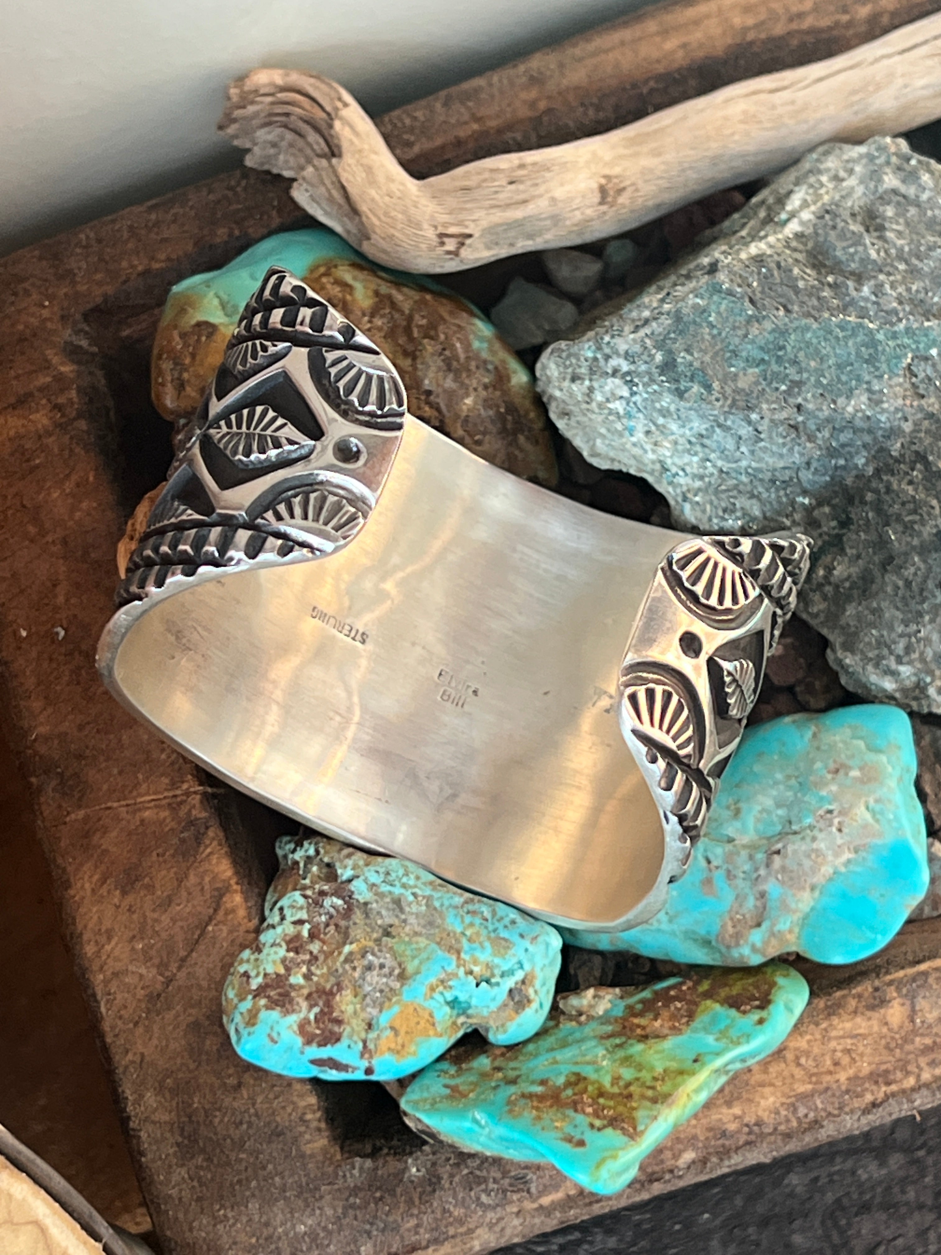 Handcrafted Old Pawn Sterling Silver Deep Stamped Cuff Bracelet by Elvira Bill