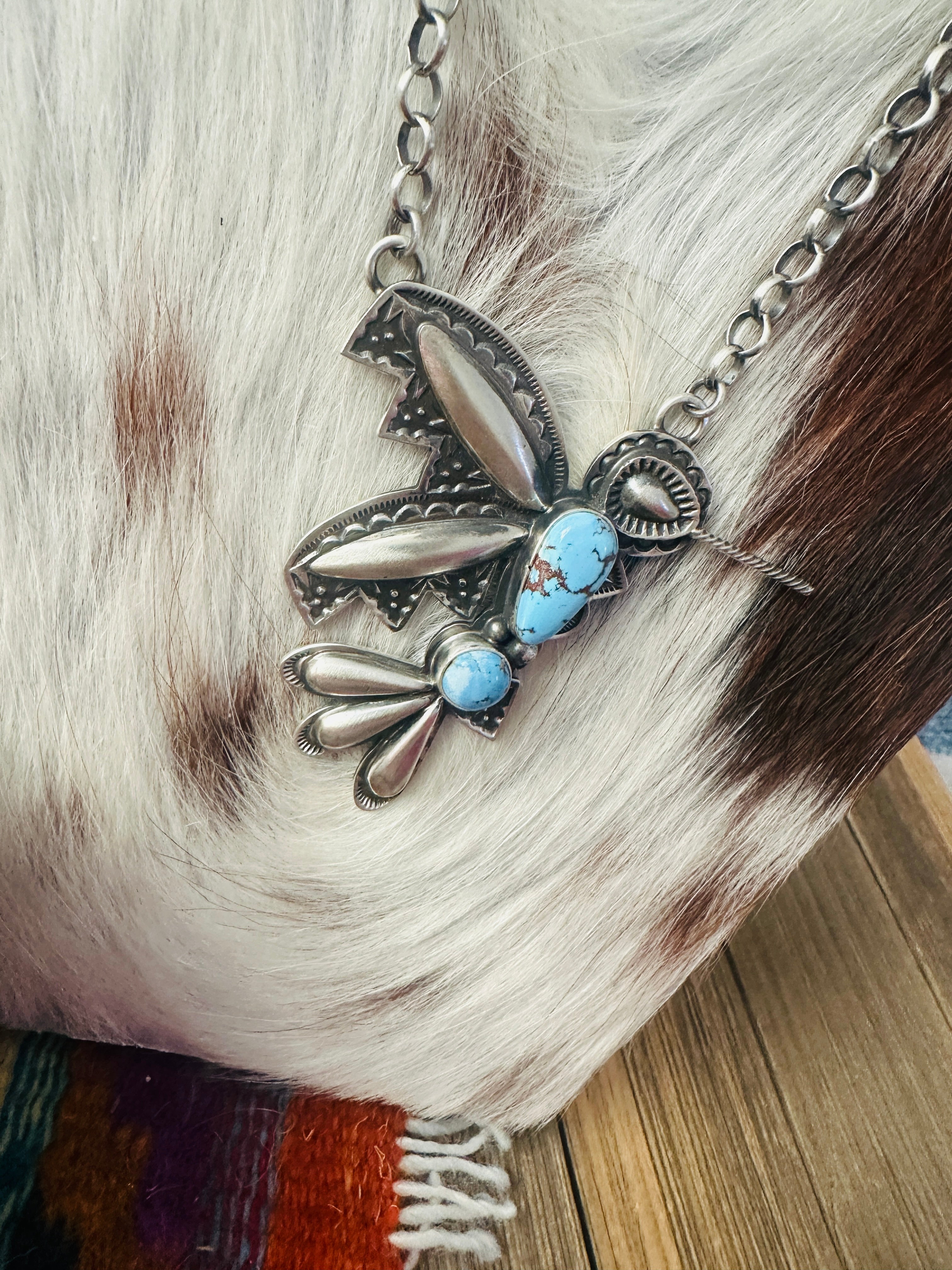 Handcrafted Golden Hills Turquoise & Sterling Silver Hummingbird Necklace by Charles Johnson