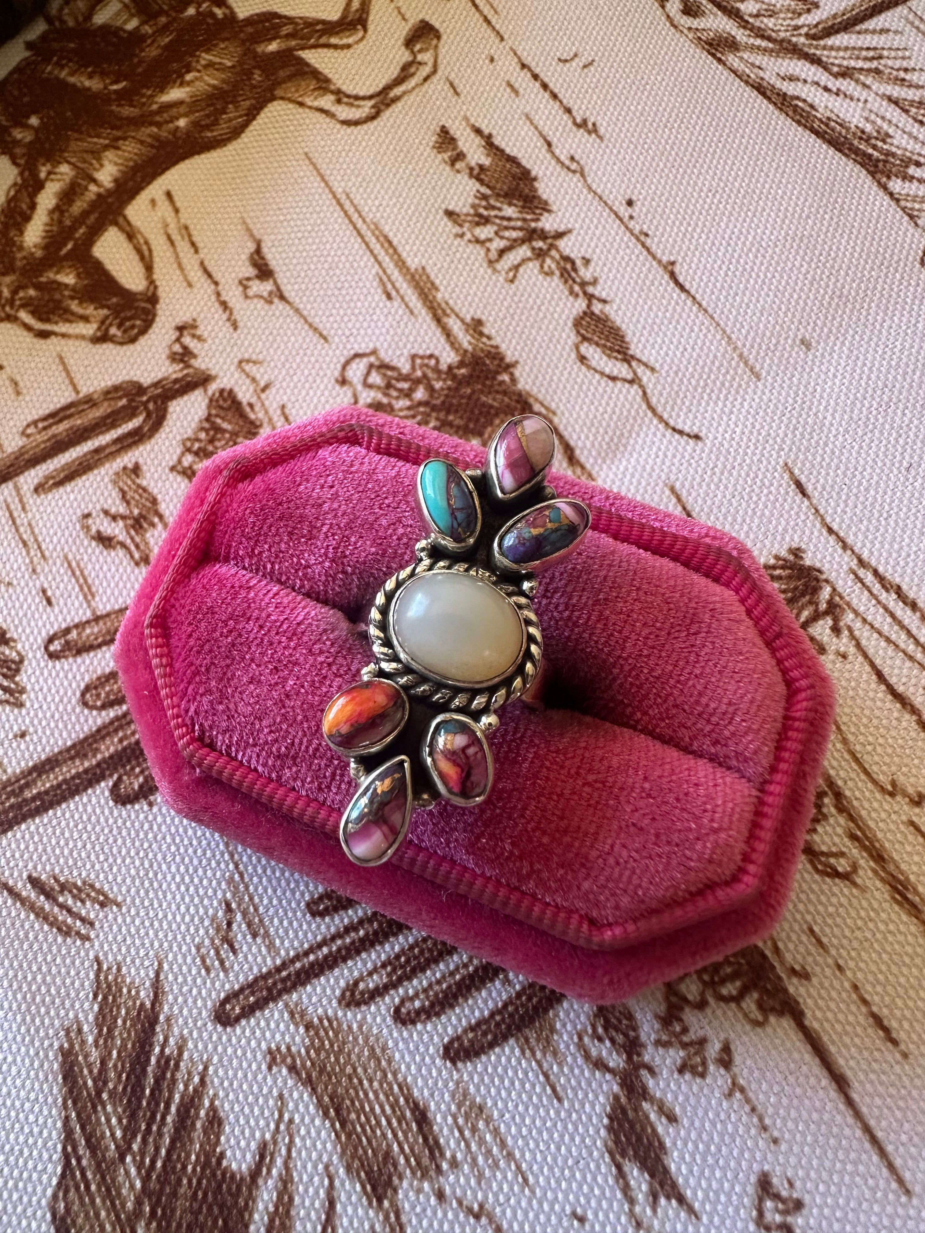 Beautiful Handmade Pink Dream Mojave, Mother of Pearl And Sterling Silver Adjustable Cluster Ring