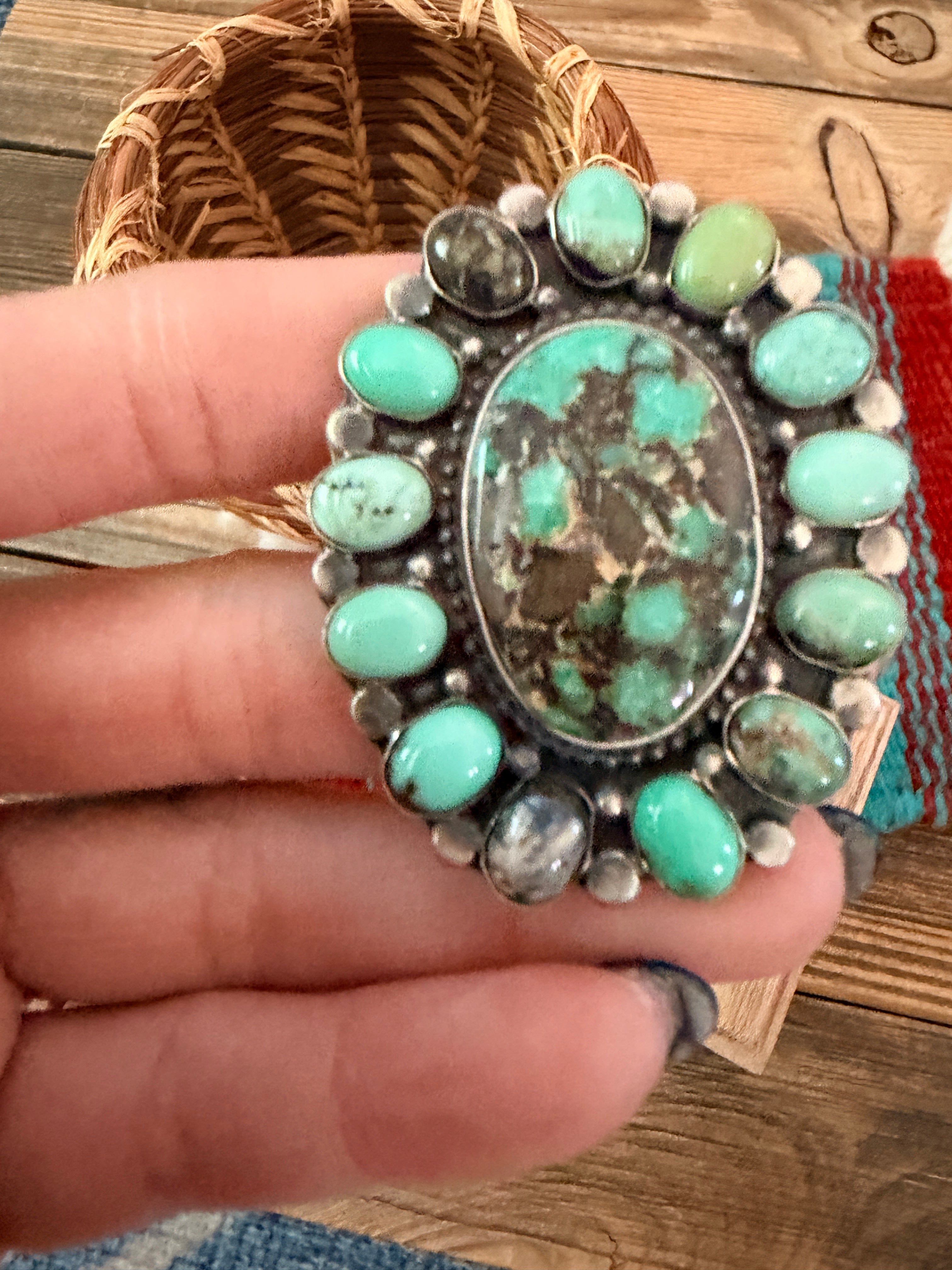 Handcrafted Multi Turquoise & Sterling Silver Cluster Ring by Sheila Becenti Size 8.25