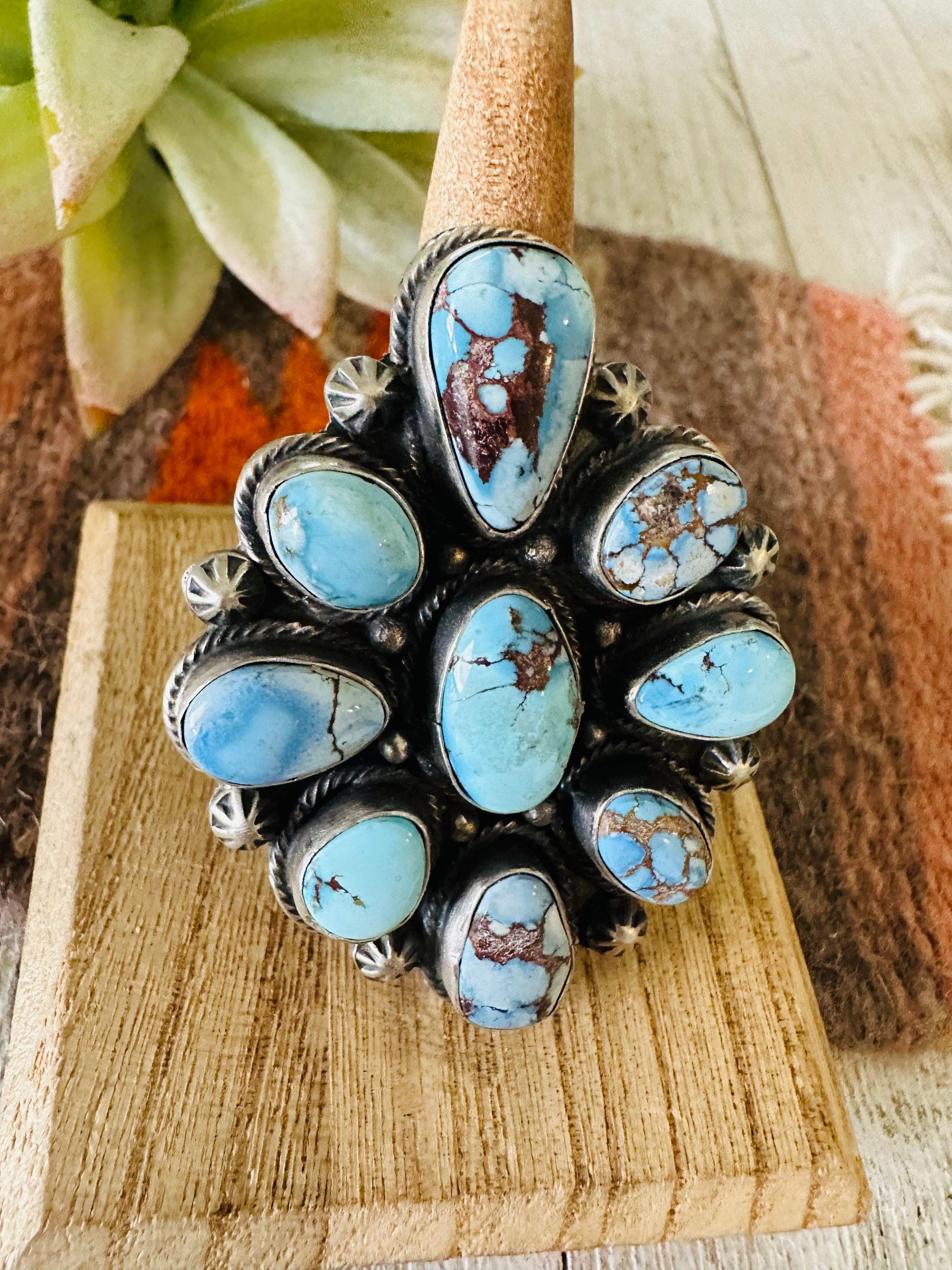 Navajo Golden Hills Turquoise & Sterling Silver Cluster Ring Size 8.5