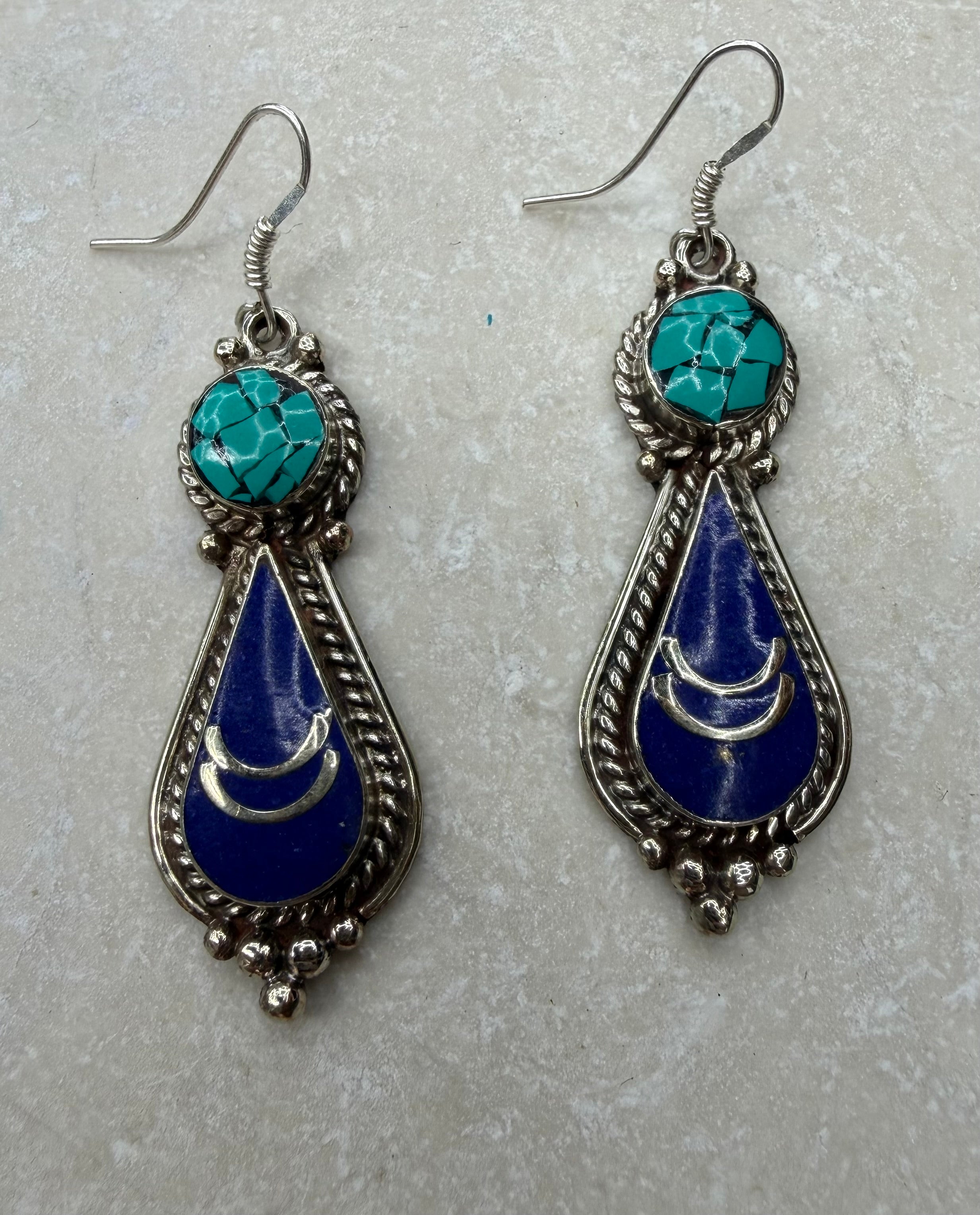 Turquoise & Lapis Crescent Drop Earrings – Southwestern Style