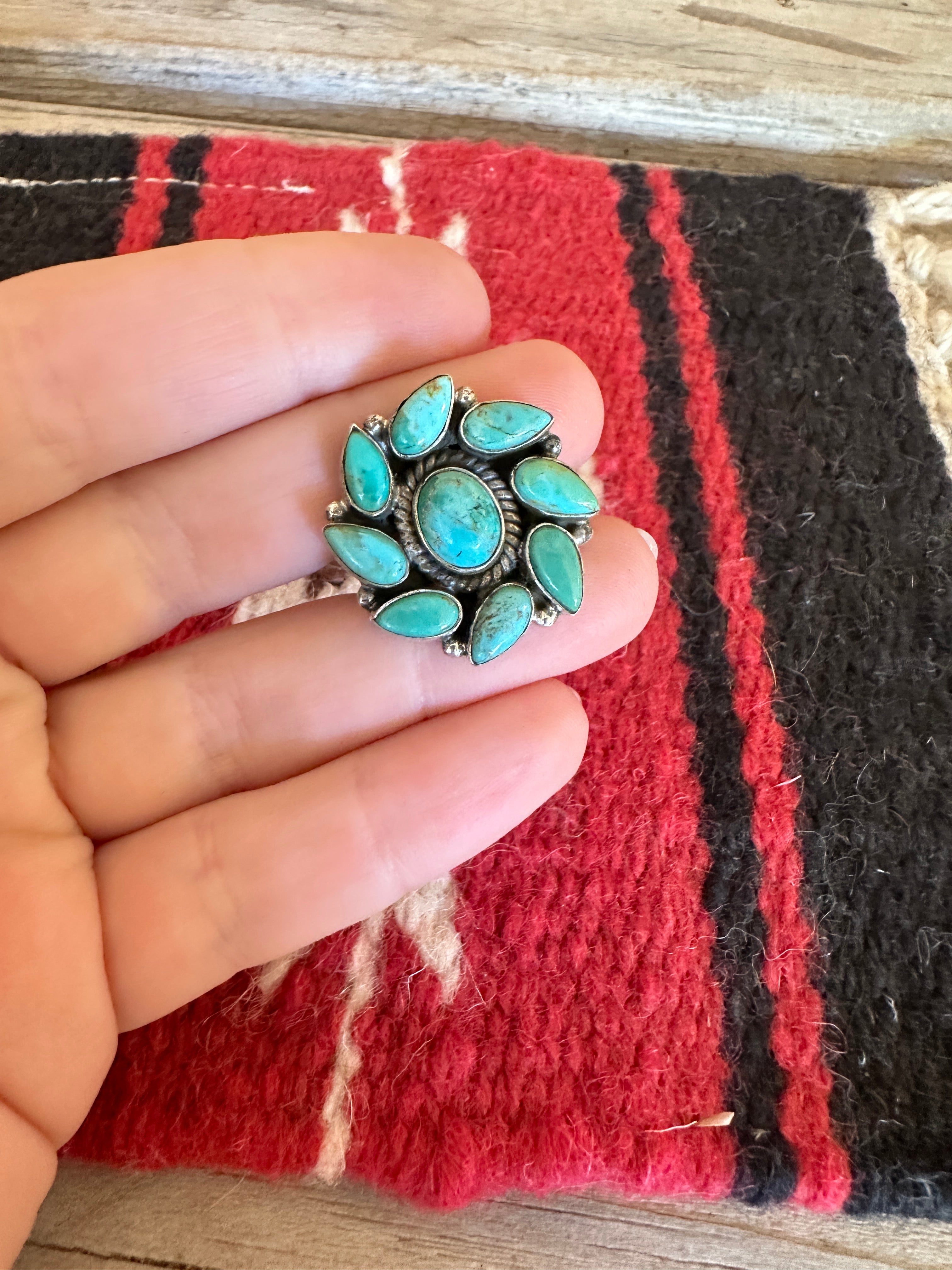 Beautiful Handmade Turquoise And Sterling Silver Adjustable Flower Ring