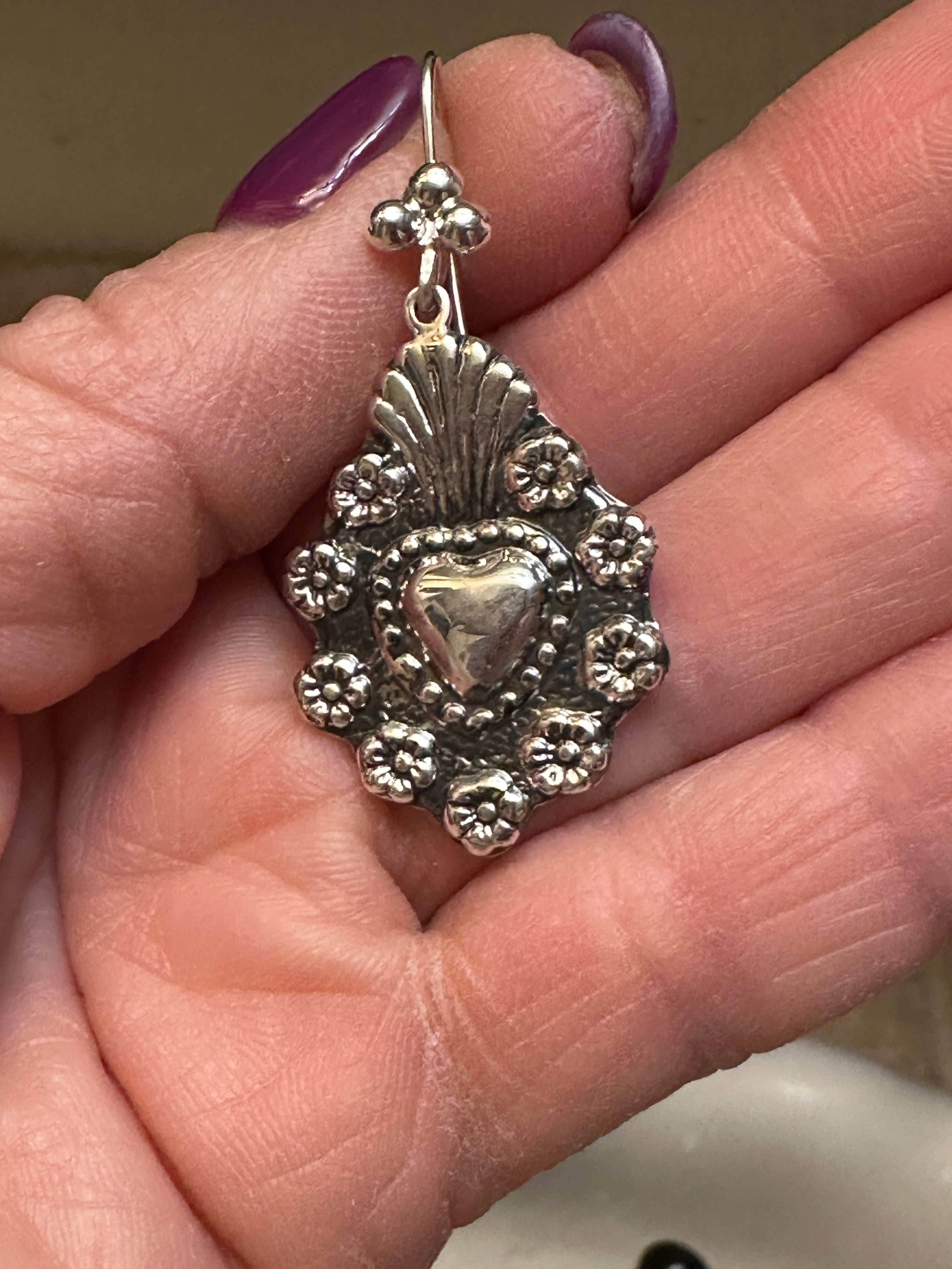 Sterling Silver Sacred Heart & Flower Hook Earrings