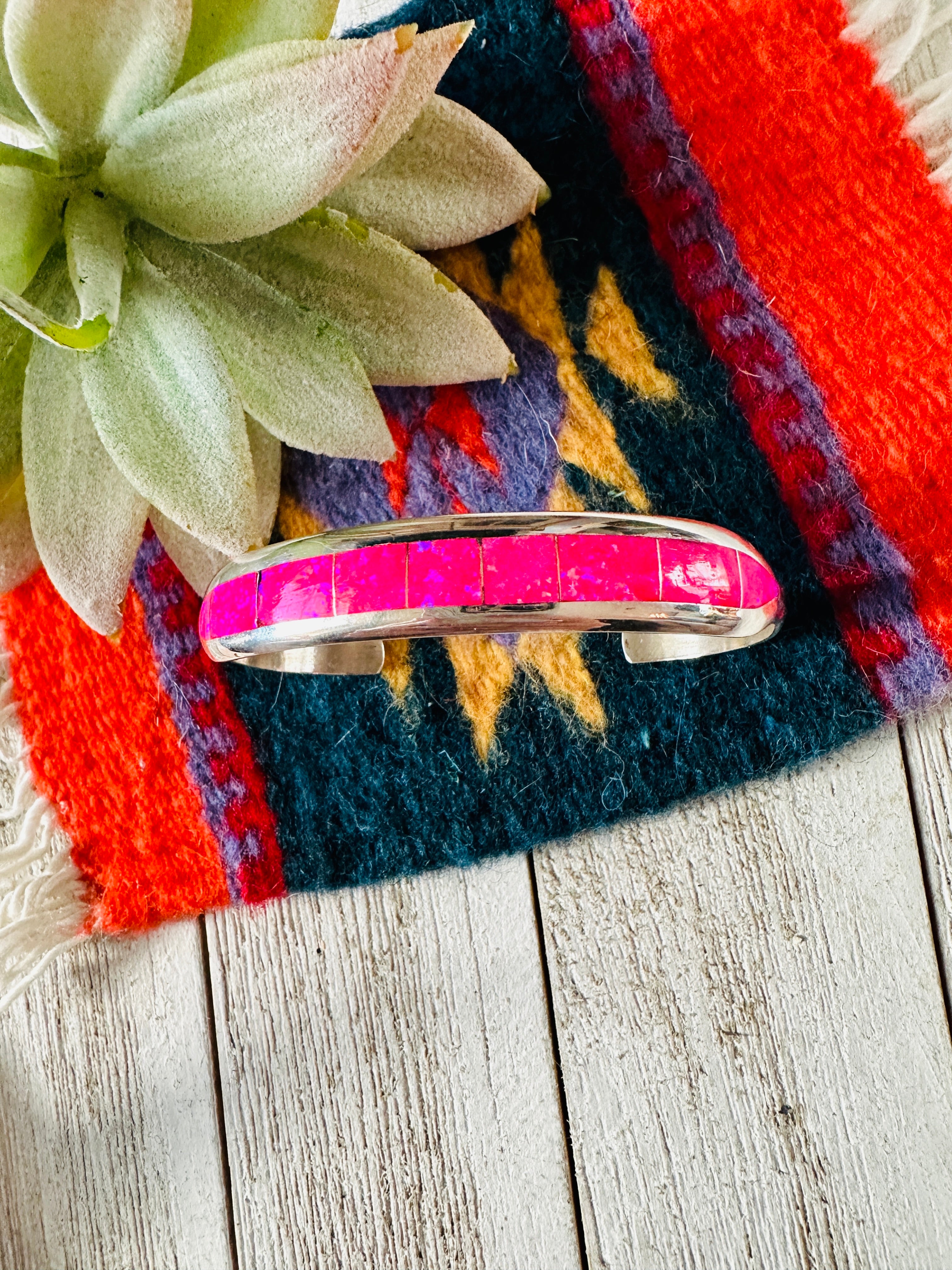 Navajo Sterling Silver & Hot Pink Opal Inlay Cuff Bracelet