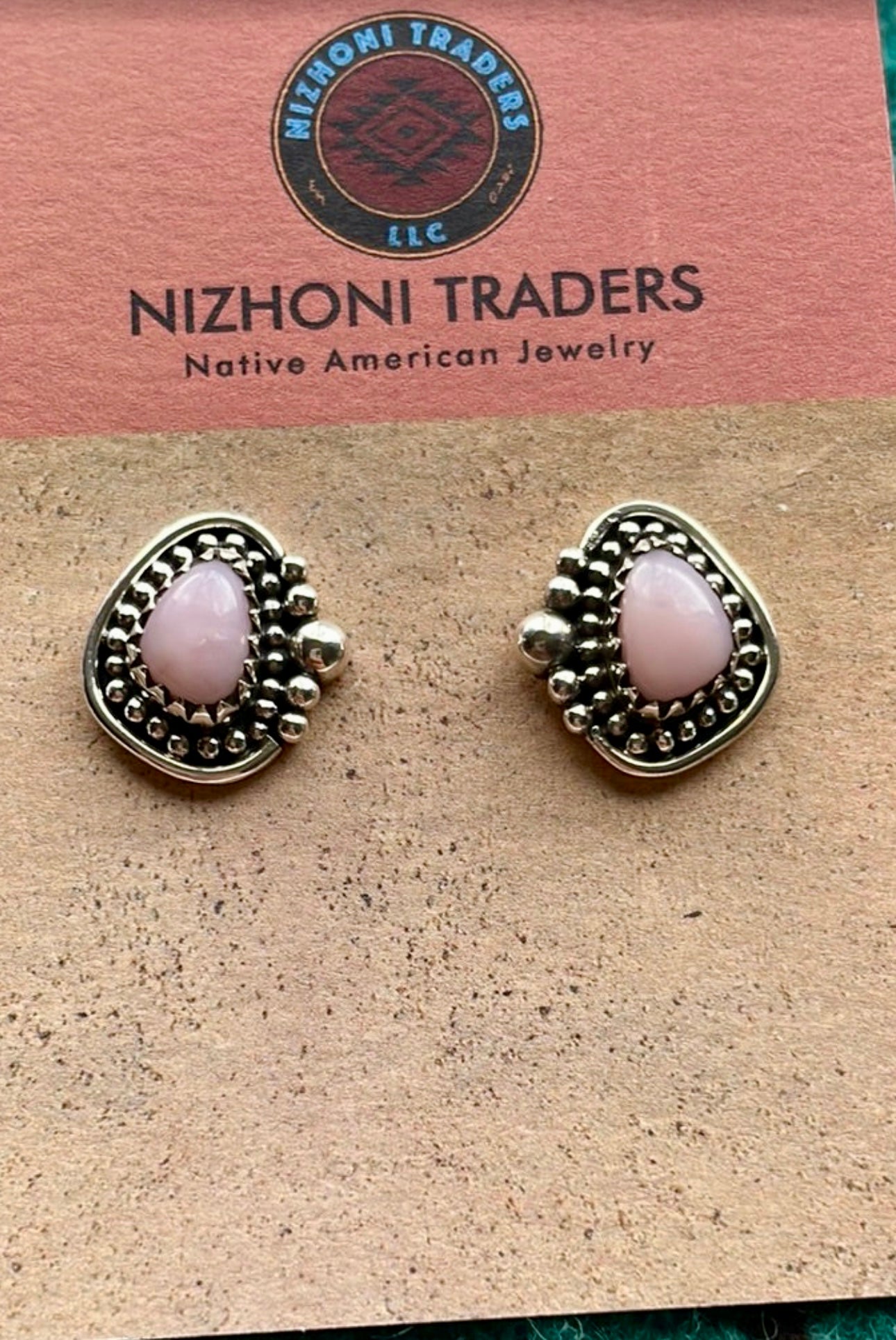 Handmade Sterling Silver Pink Opal Stud Earrings Signed Nizhoni