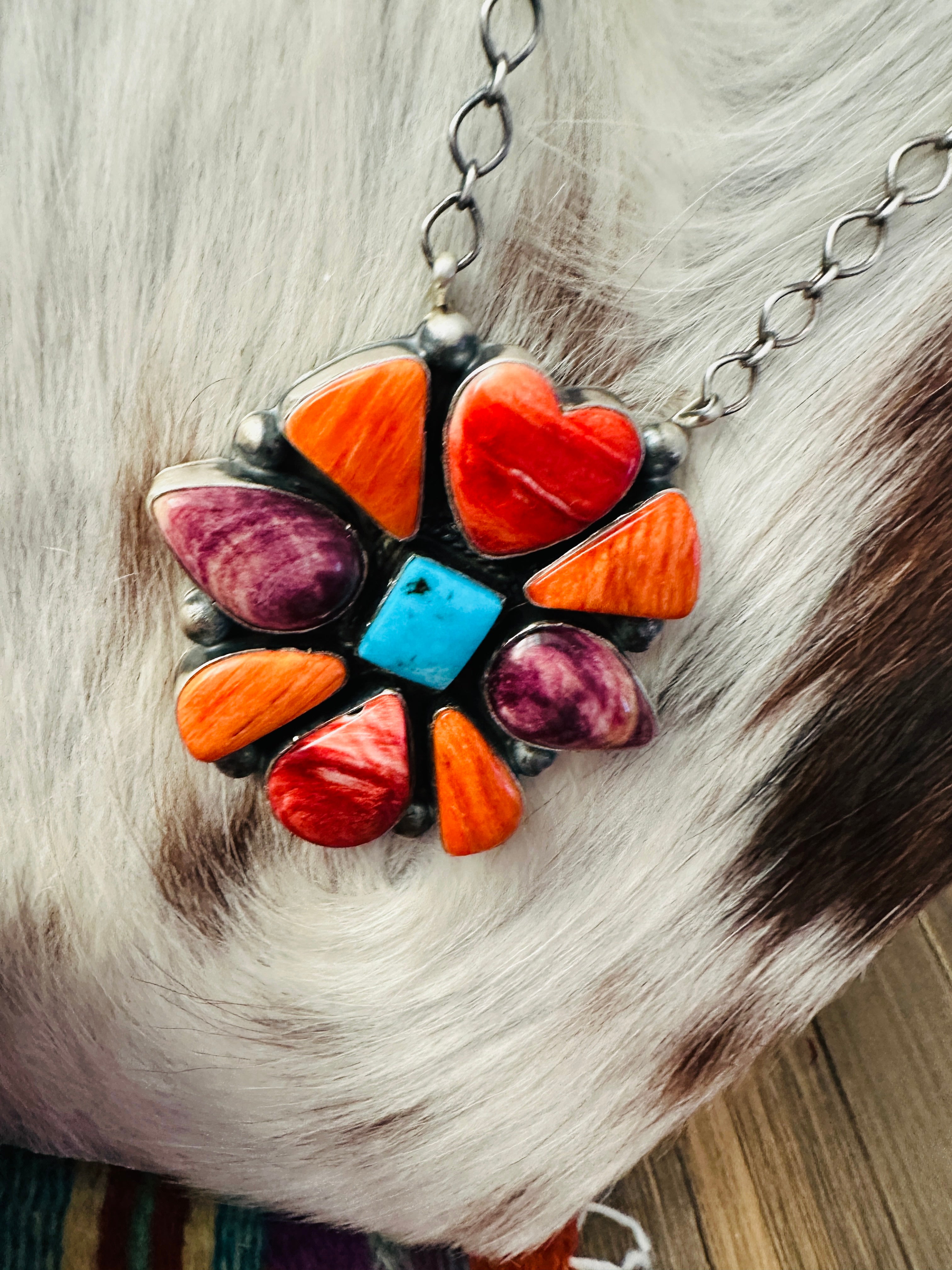 Handcrafted Spiny Oyster, Turquoise & Sterling Silver Necklace by Vicky Hicks