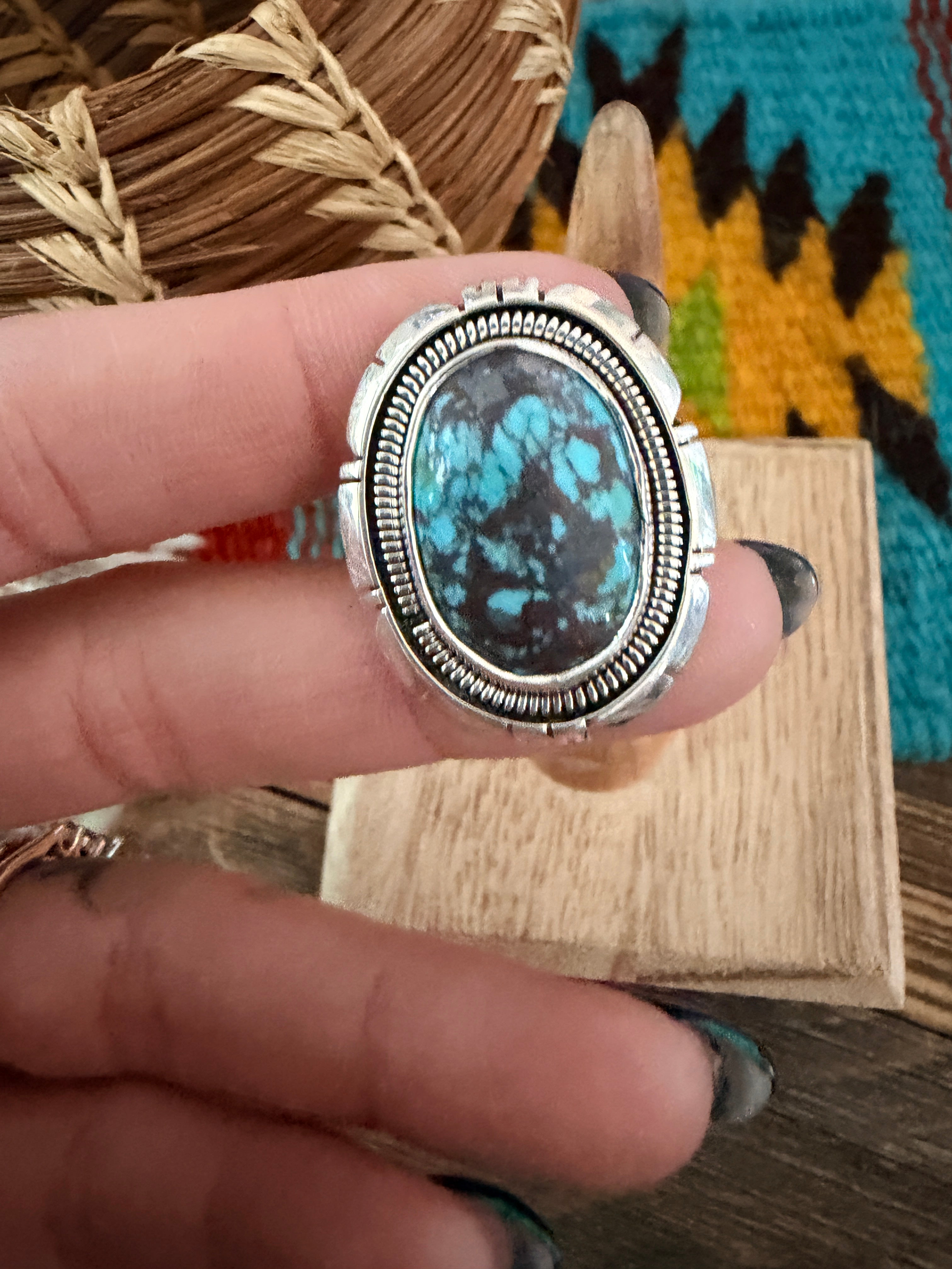 Handcrafted Turquoise & Sterling Silver Ring Size 8 by Wydell Billie