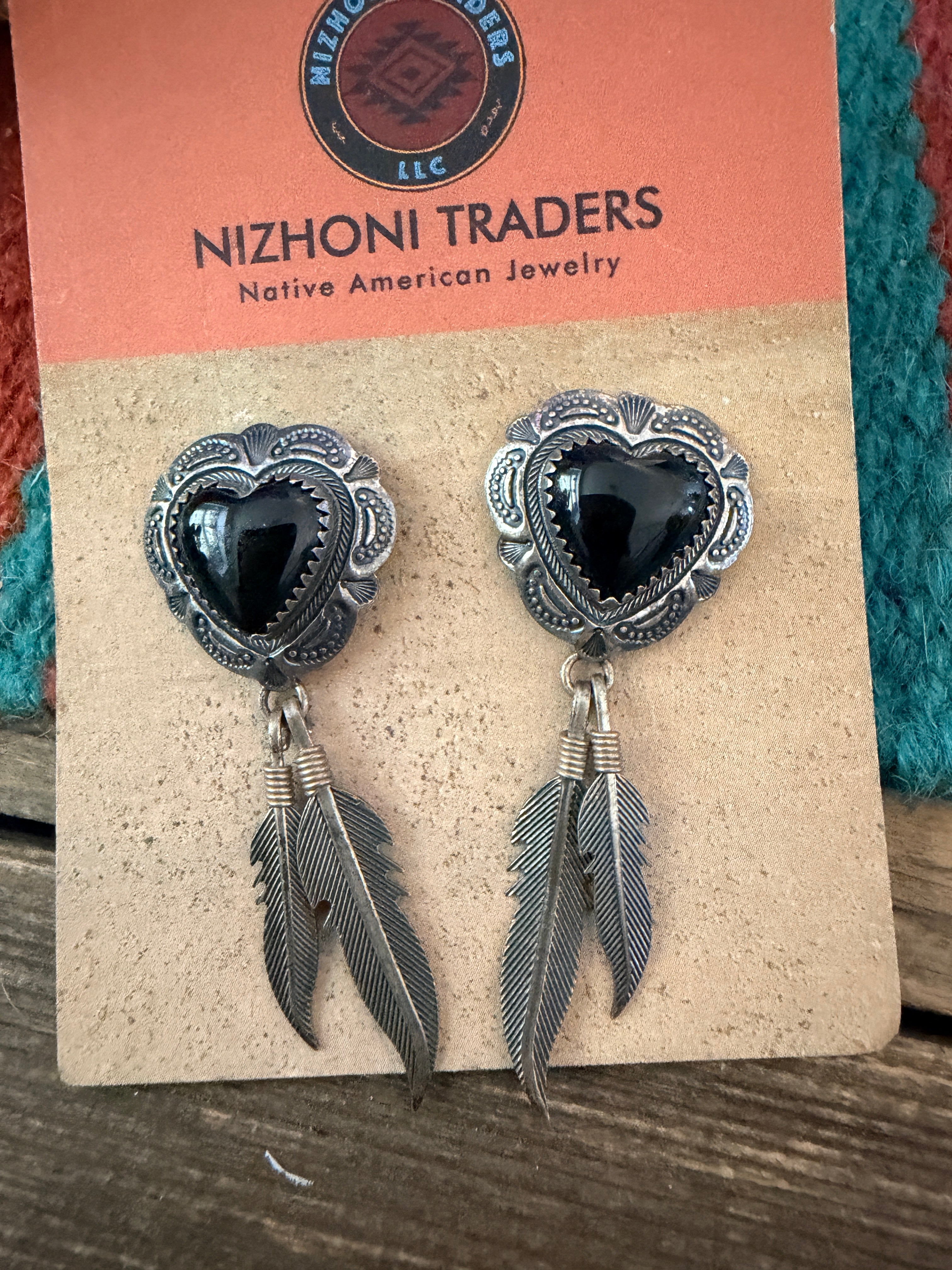 Old Pawn Vintage Handcrafted Onyx & Sterling Silver Heart Dangle Earrings