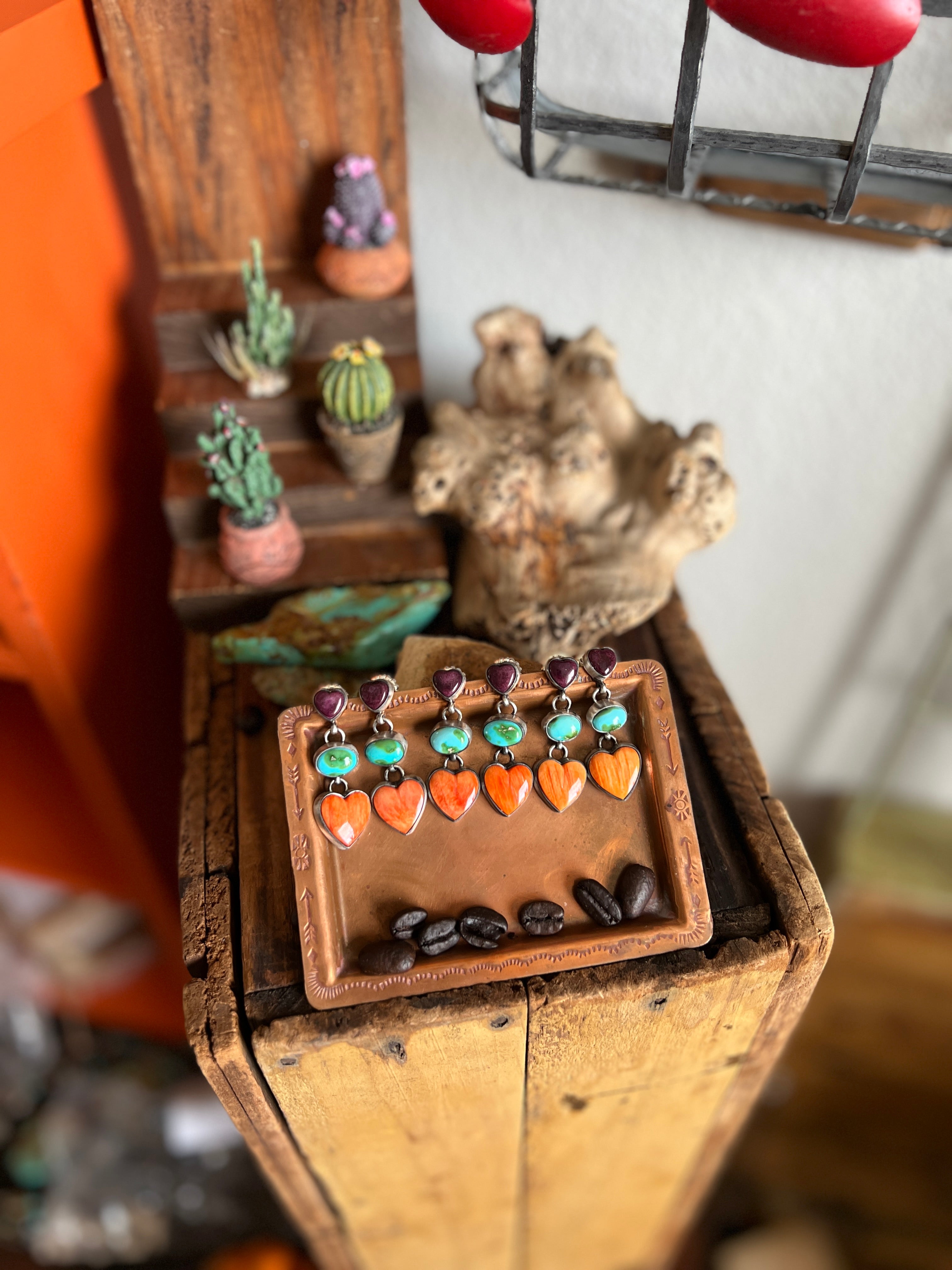 Vibrant Handcrafted Electric Rainbow Sterling Silver, Sonoran Turquoise and Spiny Oyster Shell Heart Post Earrings by Lucy Jake