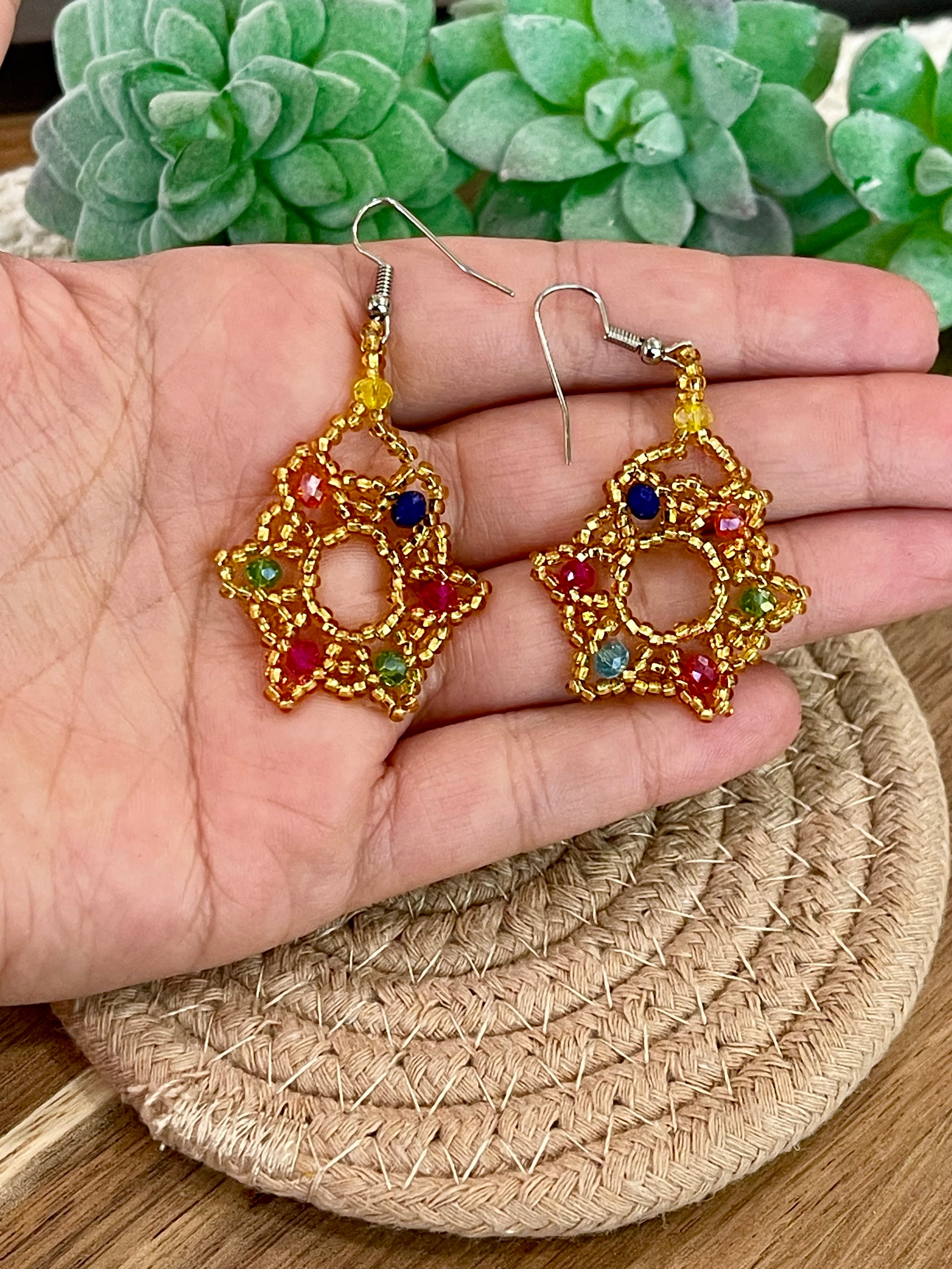 Handmade In Mexico Sterling Silver  , Multi Color Dangle Beaded Earrings