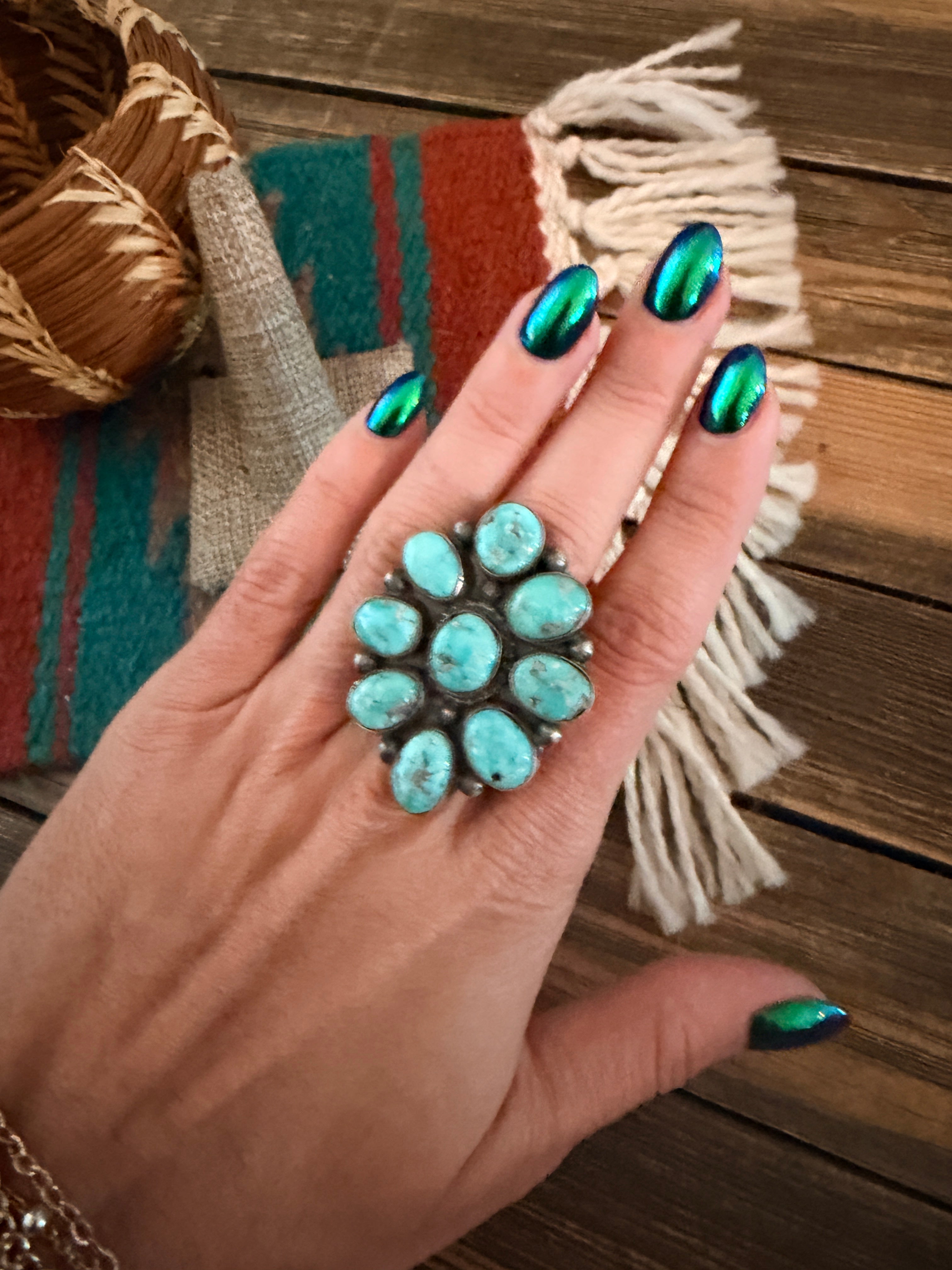 Handcrafted Turquoise & Sterling Silver Cluster Ring by Sheila Becenti Size 9.5