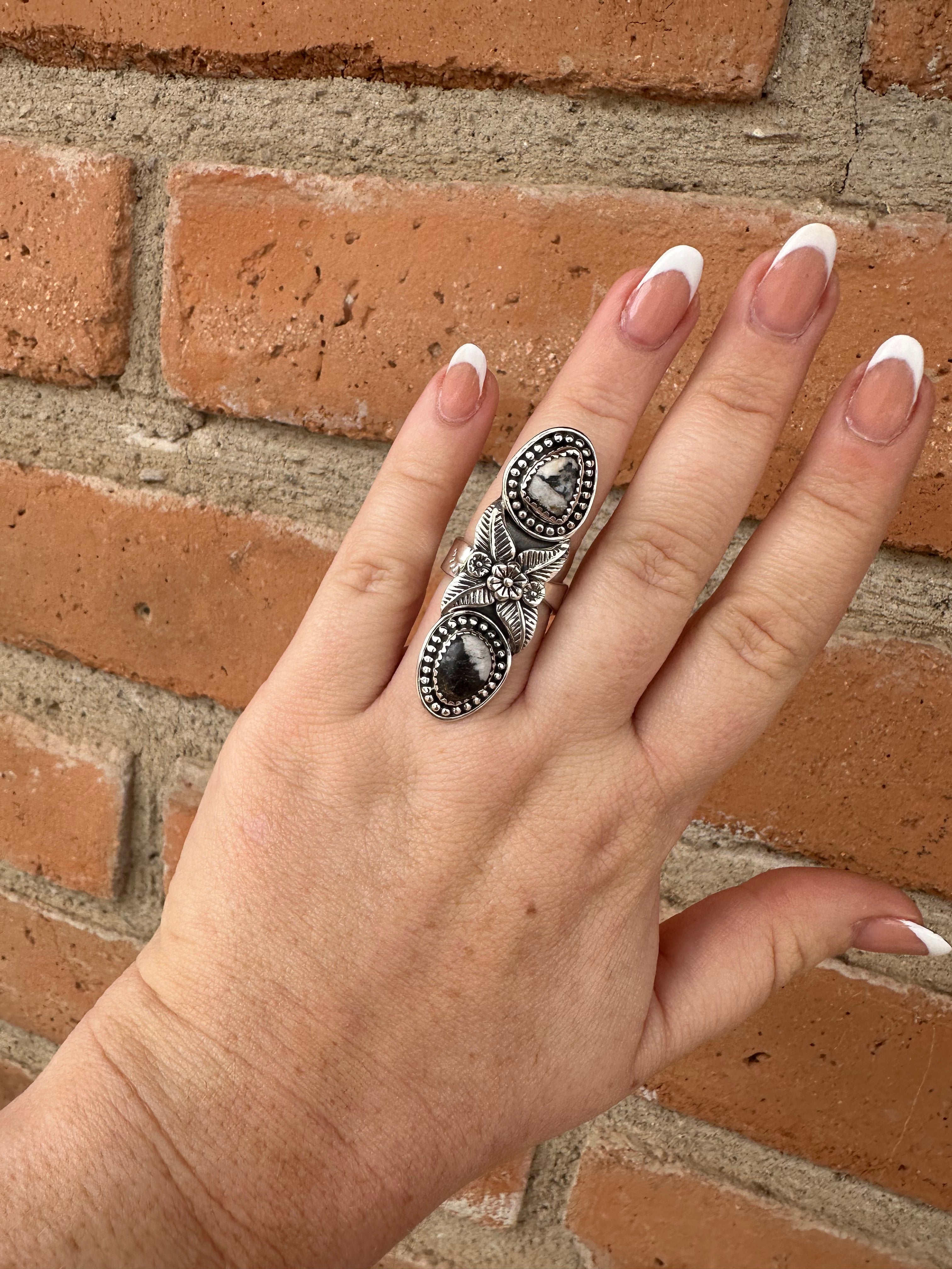 Beautiful Handmade White Buffalo And Sterling Silver 2 Stone Adjustable Ring