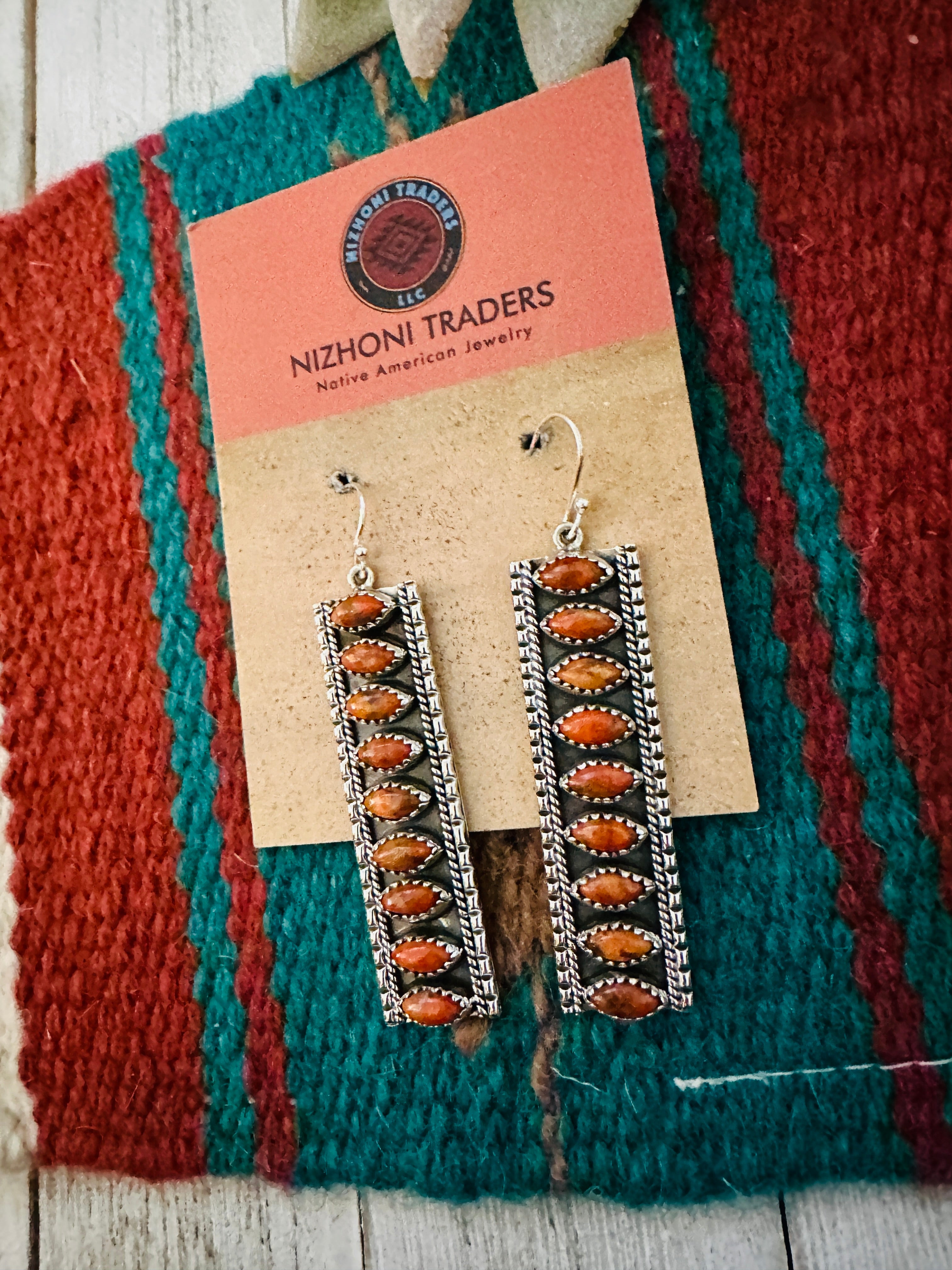 Handmade Orange Spiny & Sterling Silver Dangle Earrings Signed Nizhoni