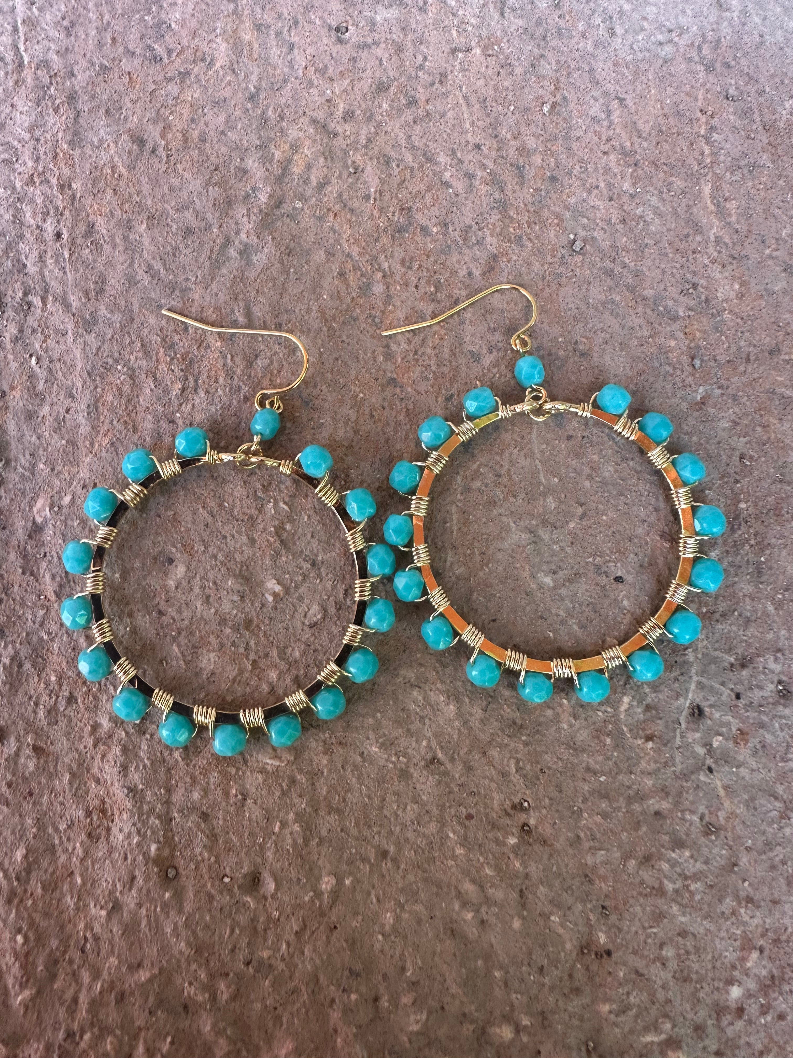 “The Golden Collection” Cool Summer Handmade Turquoise Beaded & 14k Gold Plated Earrings