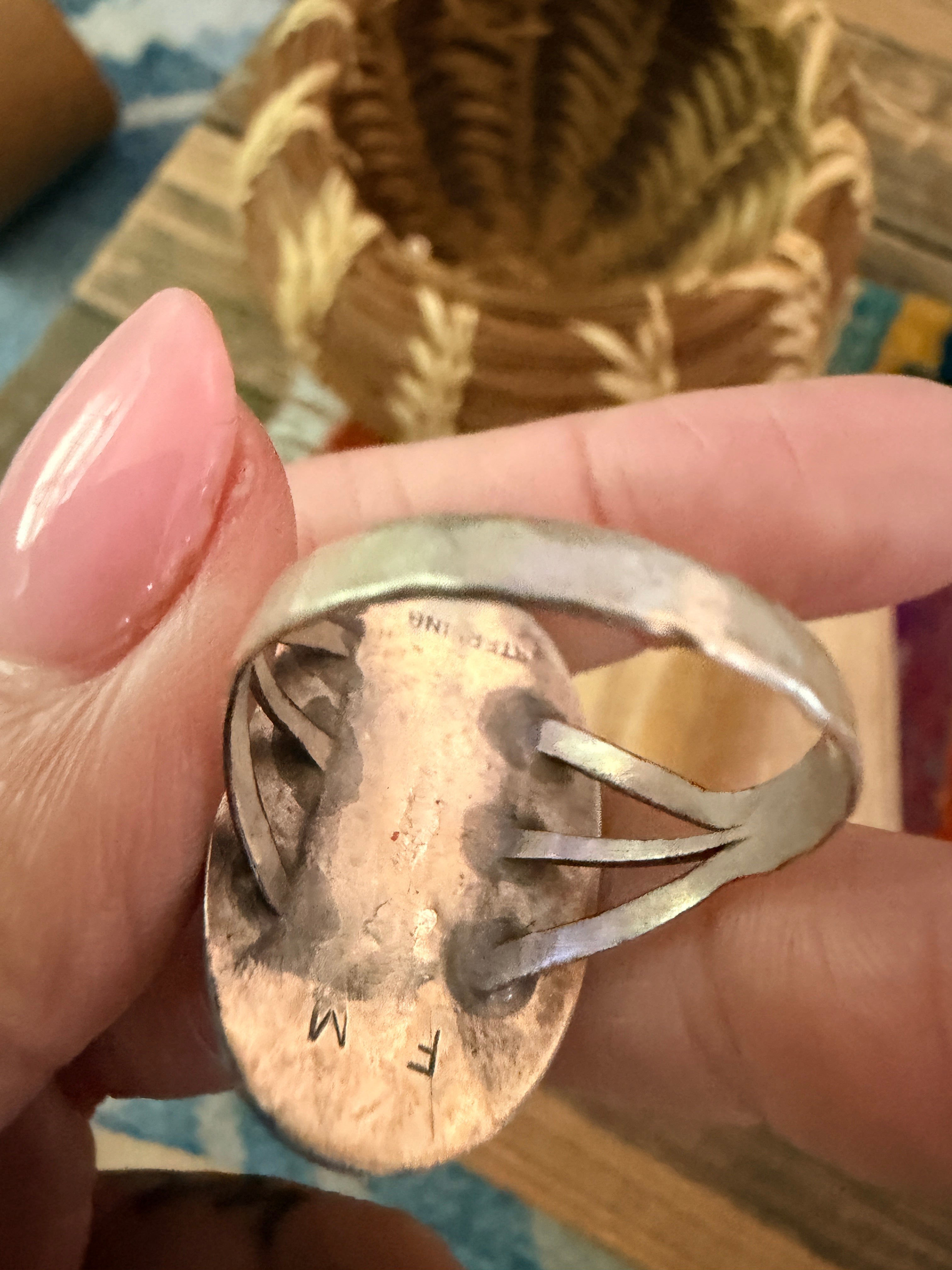 Old Pawn Handcrafted Turquoise & Sterling Silver Inlay Ring Size 11
