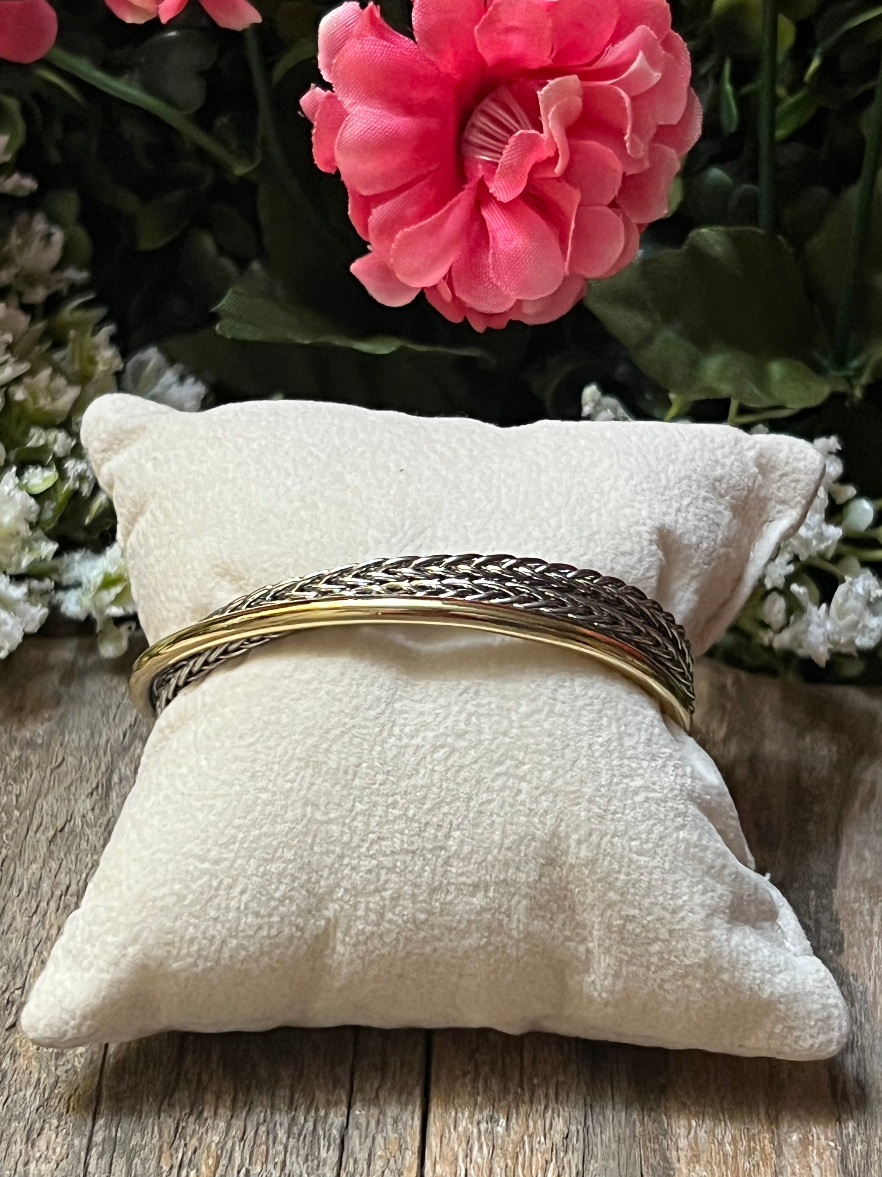 Silver & 14k Gold Plated Two Tone Ponytail Crossover Bangle Bracelet