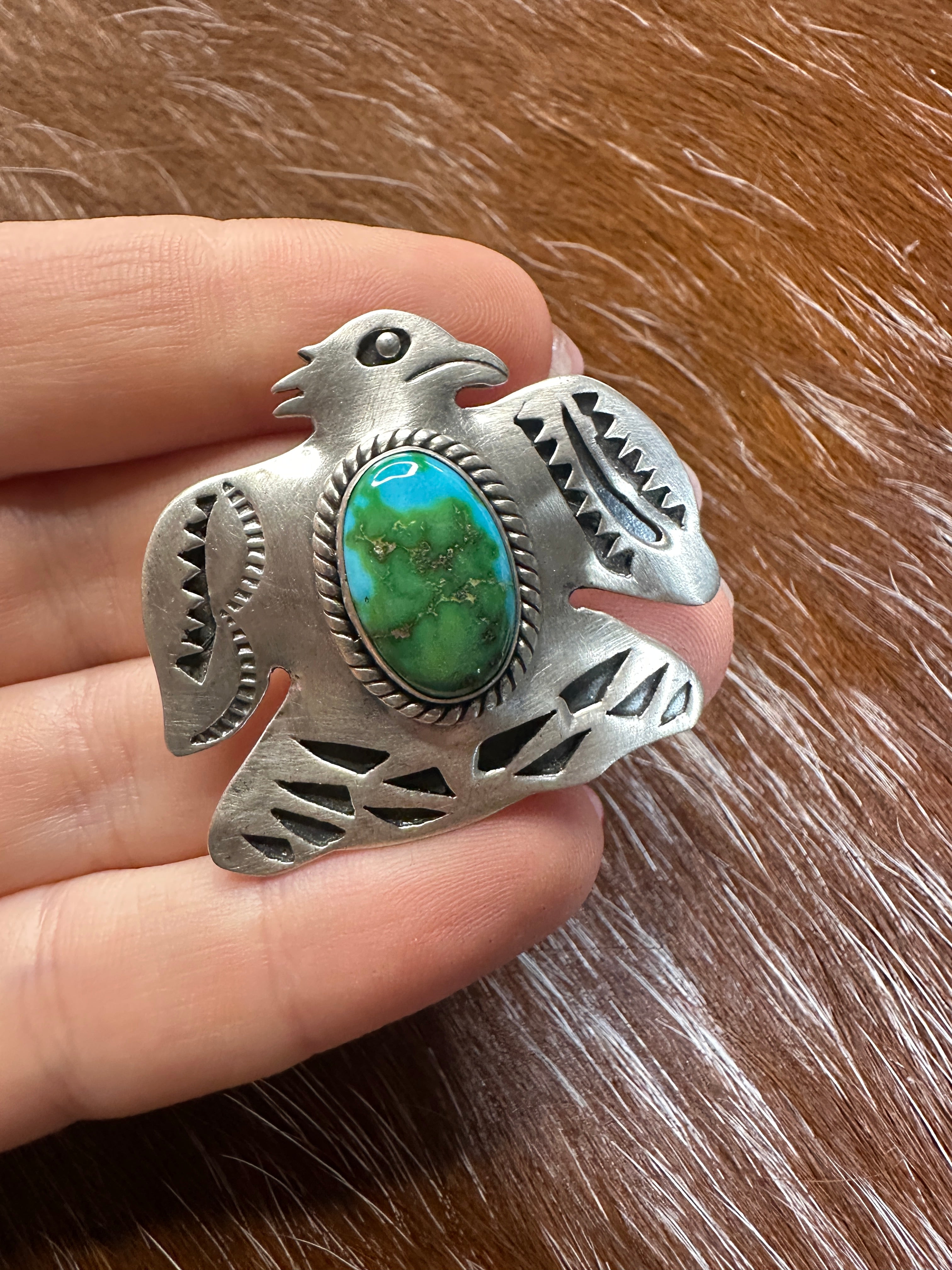 Handmade Sterling Silver & Sonoran Mountain Turquoise Thunderbird Pendant Signed Nizhoni