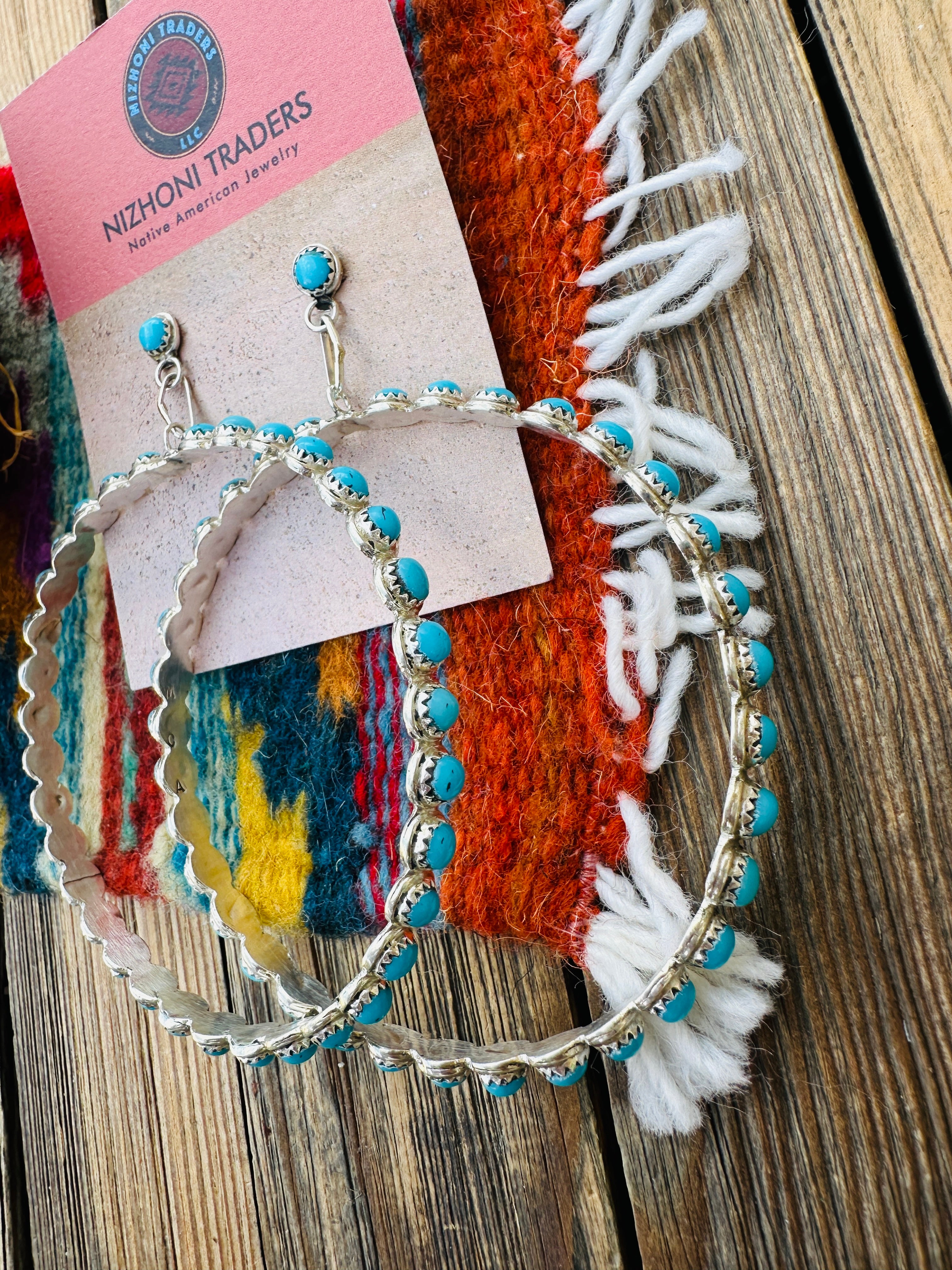 Handcrafted Turquoise & Sterling Silver Dangle Hoop Earrings