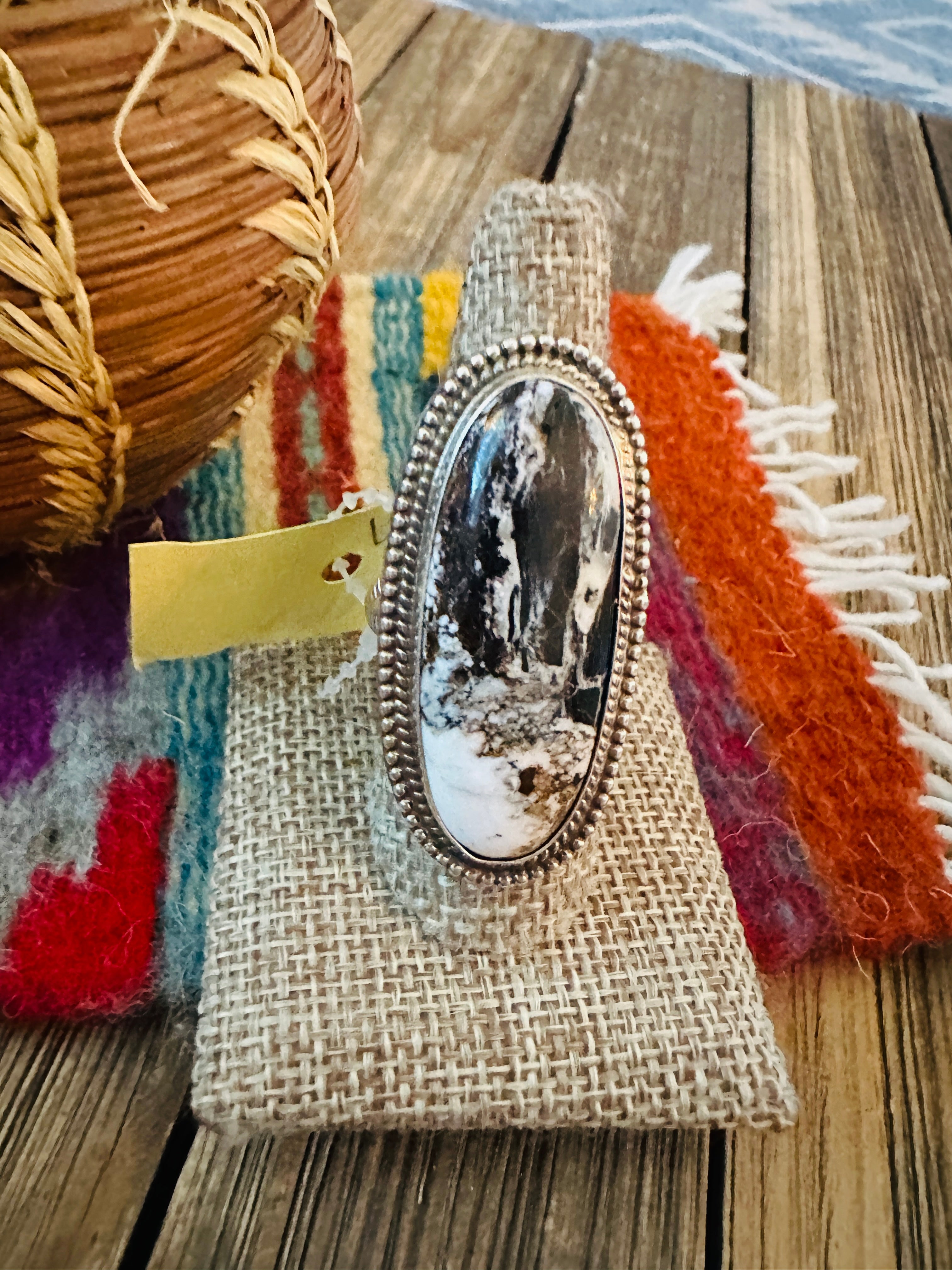 Old Pawn Handcrafted White Buffalo & Sterling Silver Ring Size 10