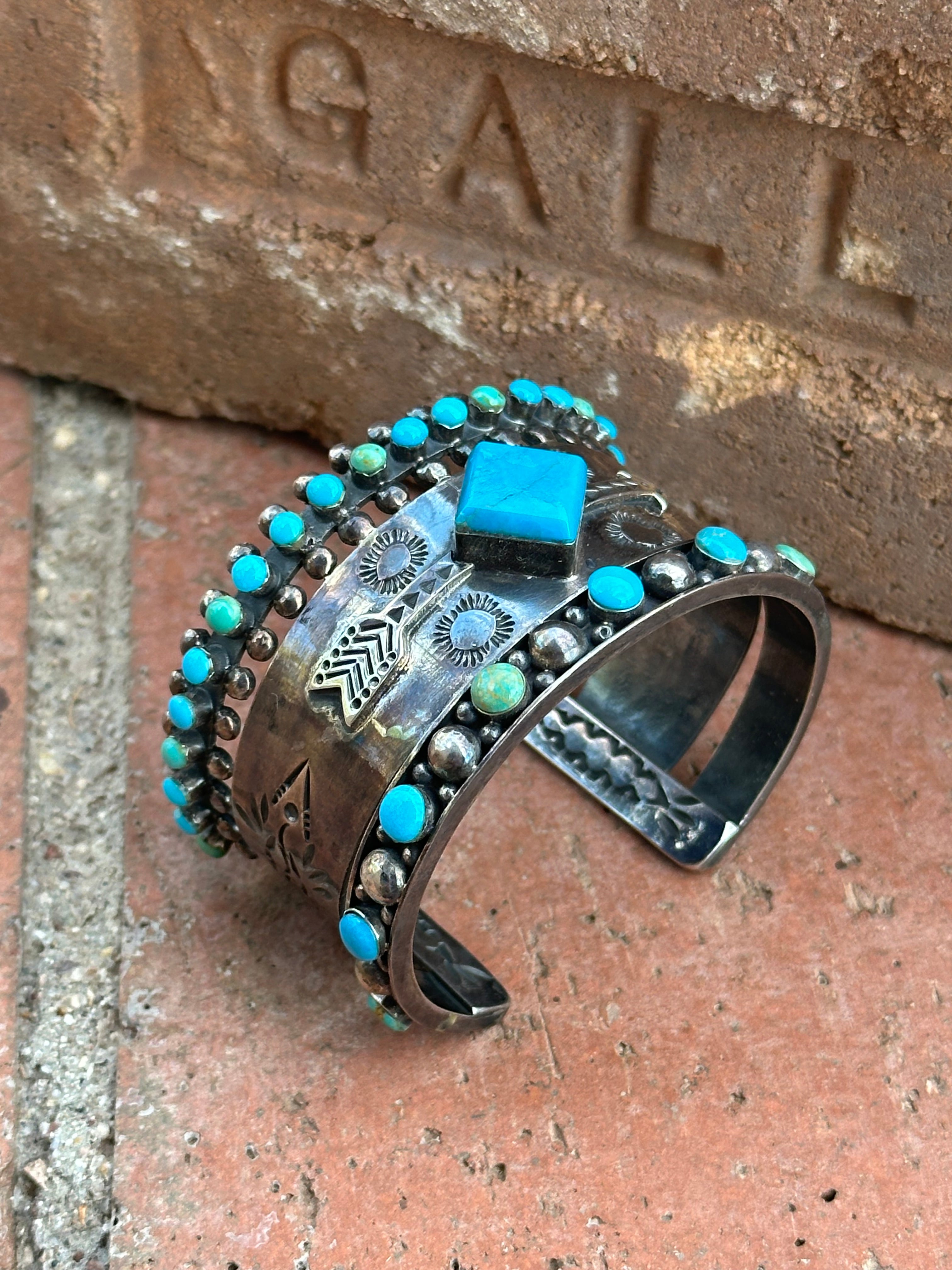 Handmade Sterling Silver Sleeping Beauty and Royston Turquoise Thunderbird Cuff