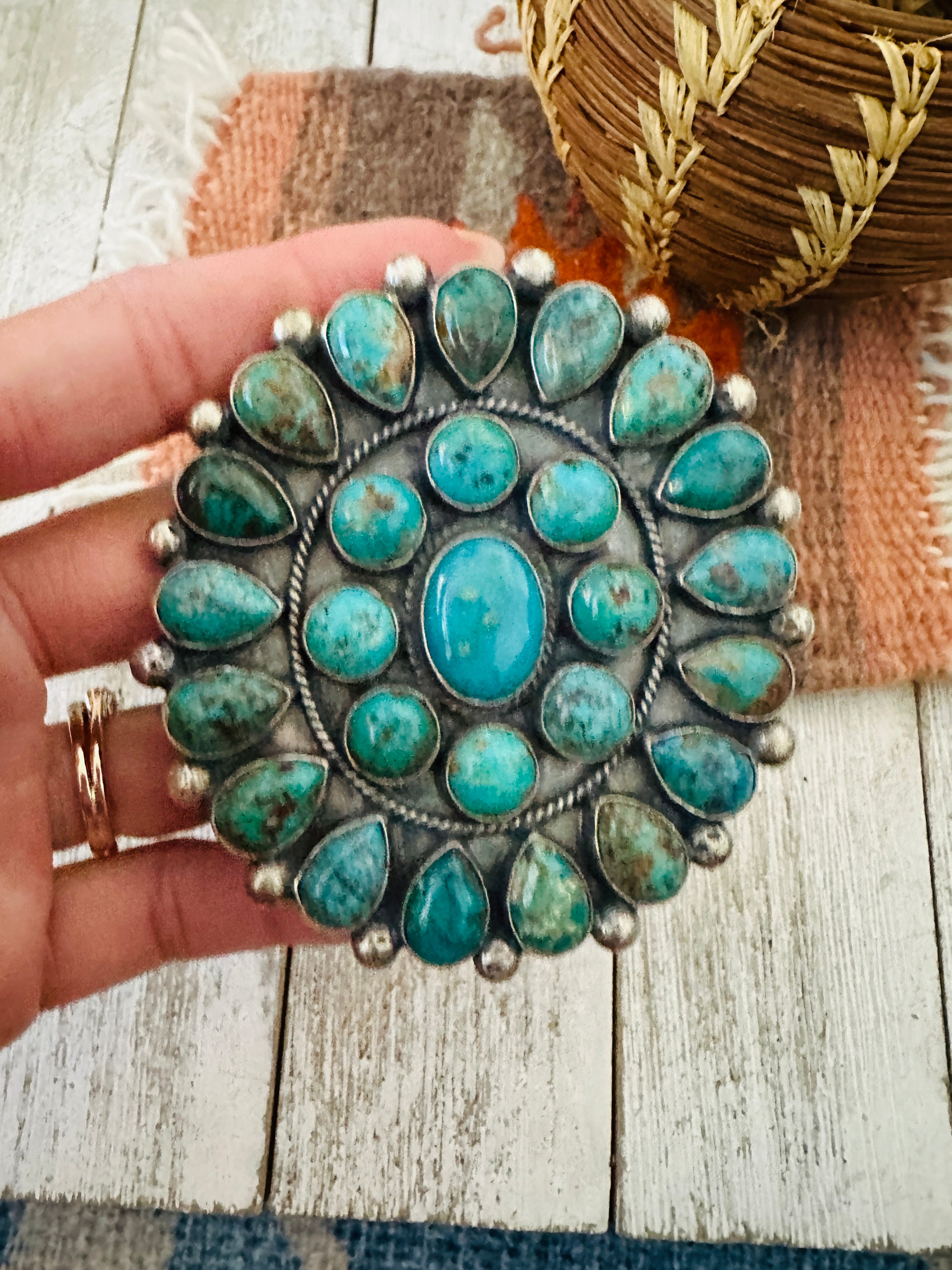 Handcrafted Turquoise & Sterling Silver Cluster Adjustable Ring