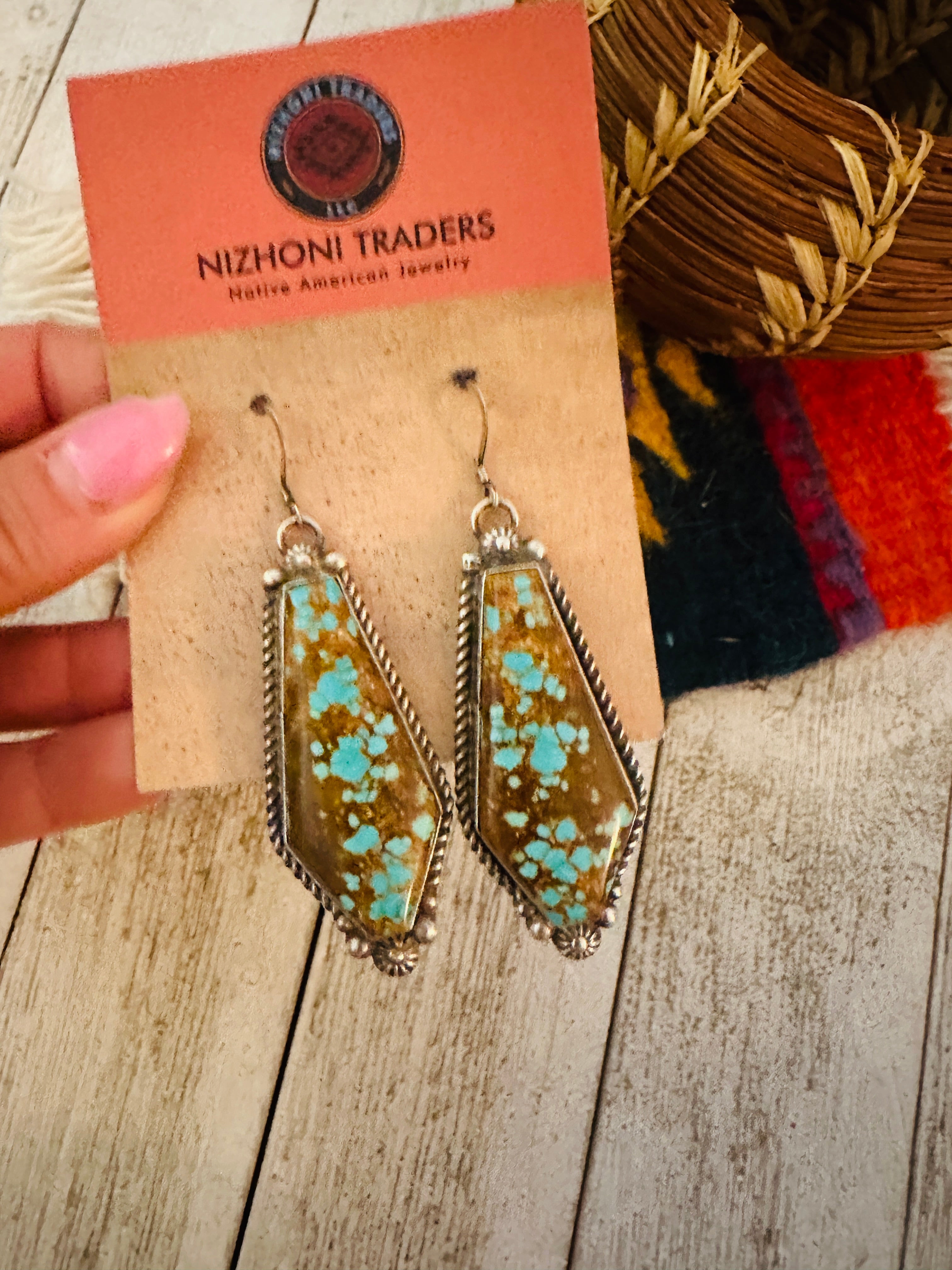 Navajo Number 8 Turquoise And Sterling Silver Dangle Earrings