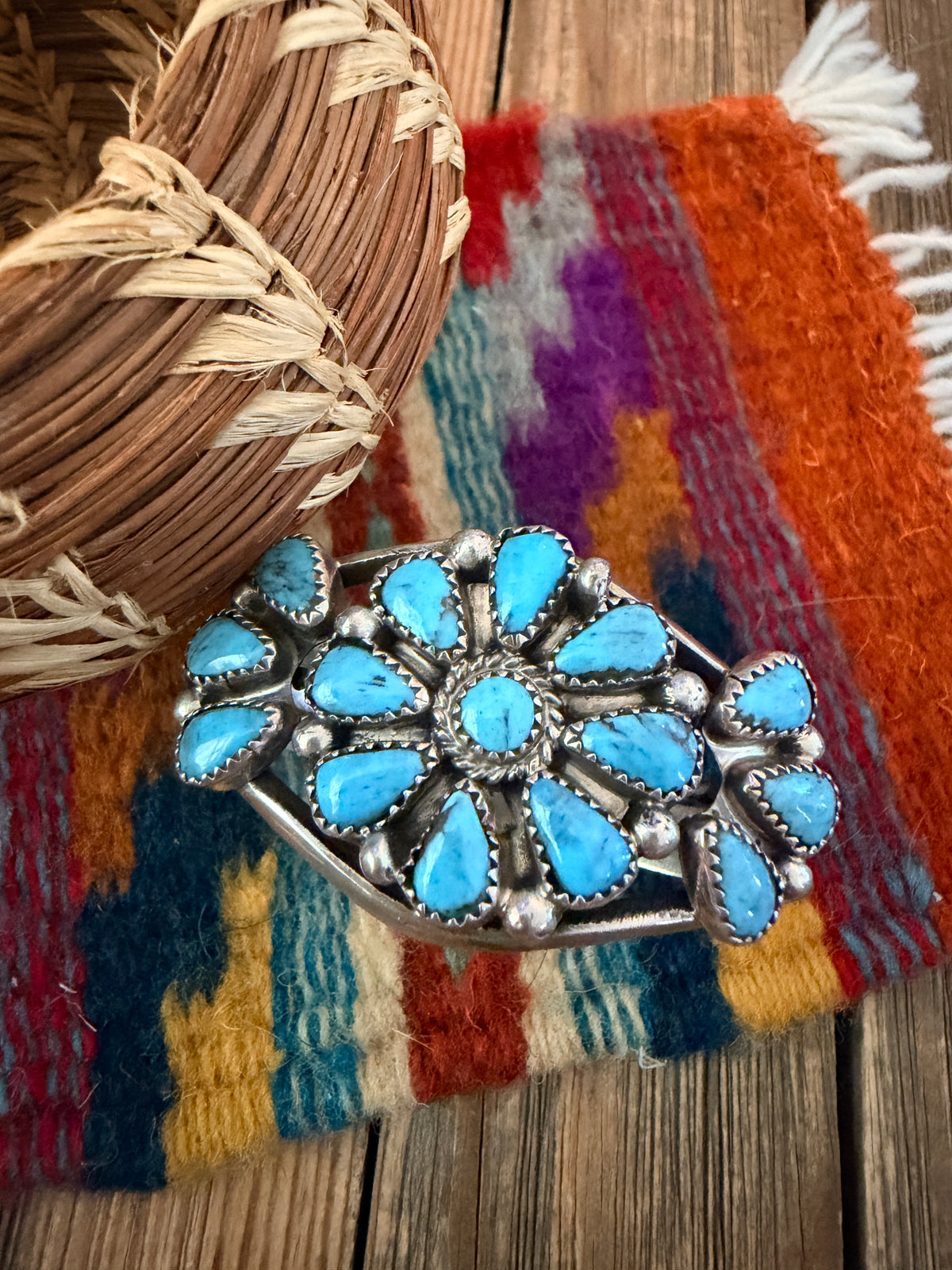 Handcrafted Old Pawn Sterling Silver & Turquoise Cluster Cuff Bracelet